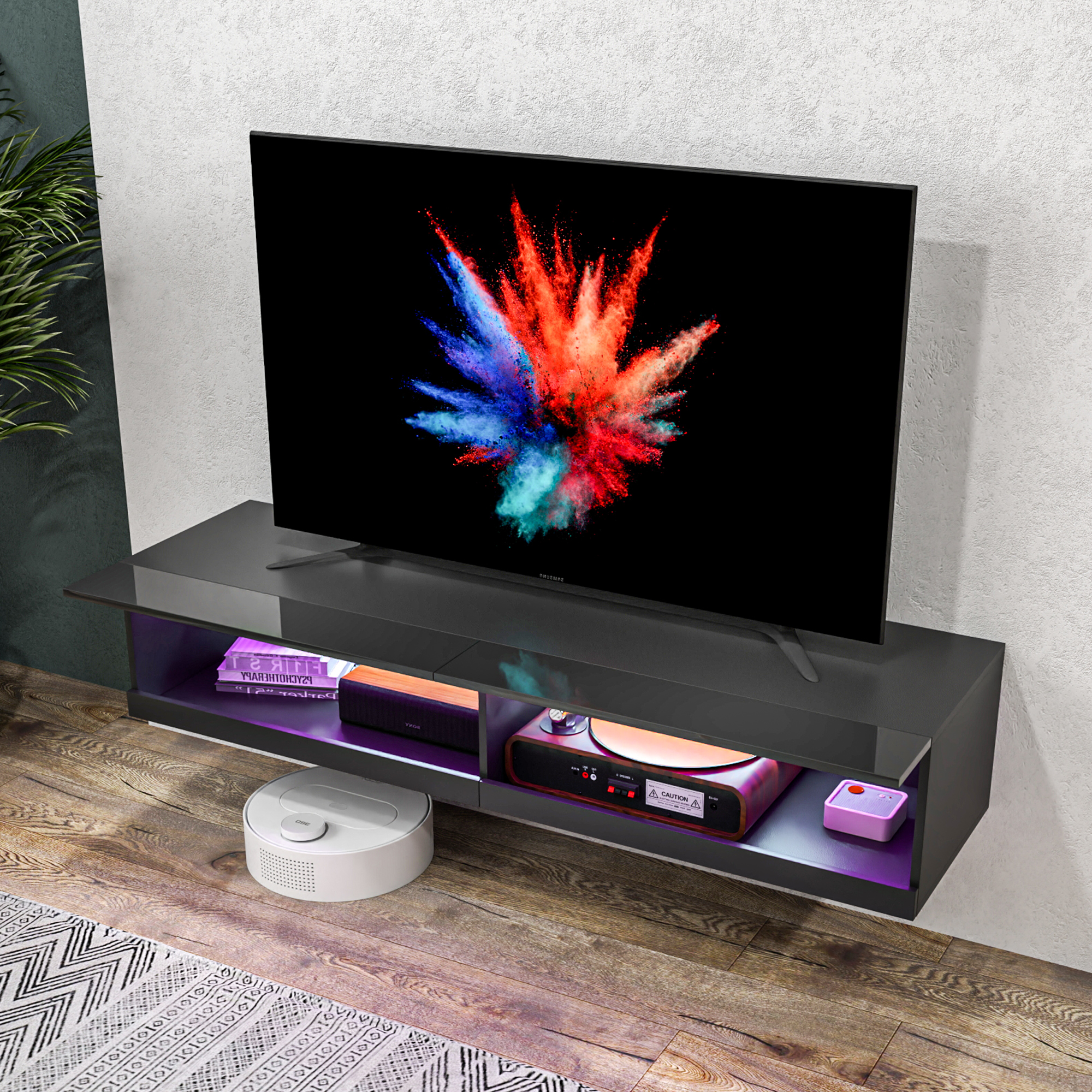 HOMCOM Floating TV Unit, Wall Mounted TV Cabinet for TVs up to 65", High Gloss Media Wall Unit with LED Lights, Storage Shelves for Living Entertainment Room, Black 9