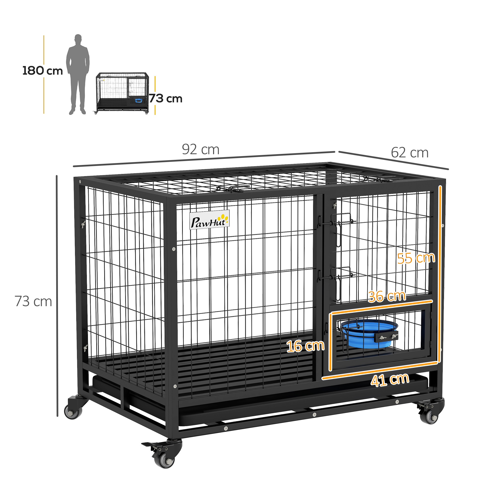 PawHut Heavy Duty Dog Crate on Wheels w/ Bowl Holder, Removable Tray, Openable Top, Detachable Door, for M, L Dogs 3