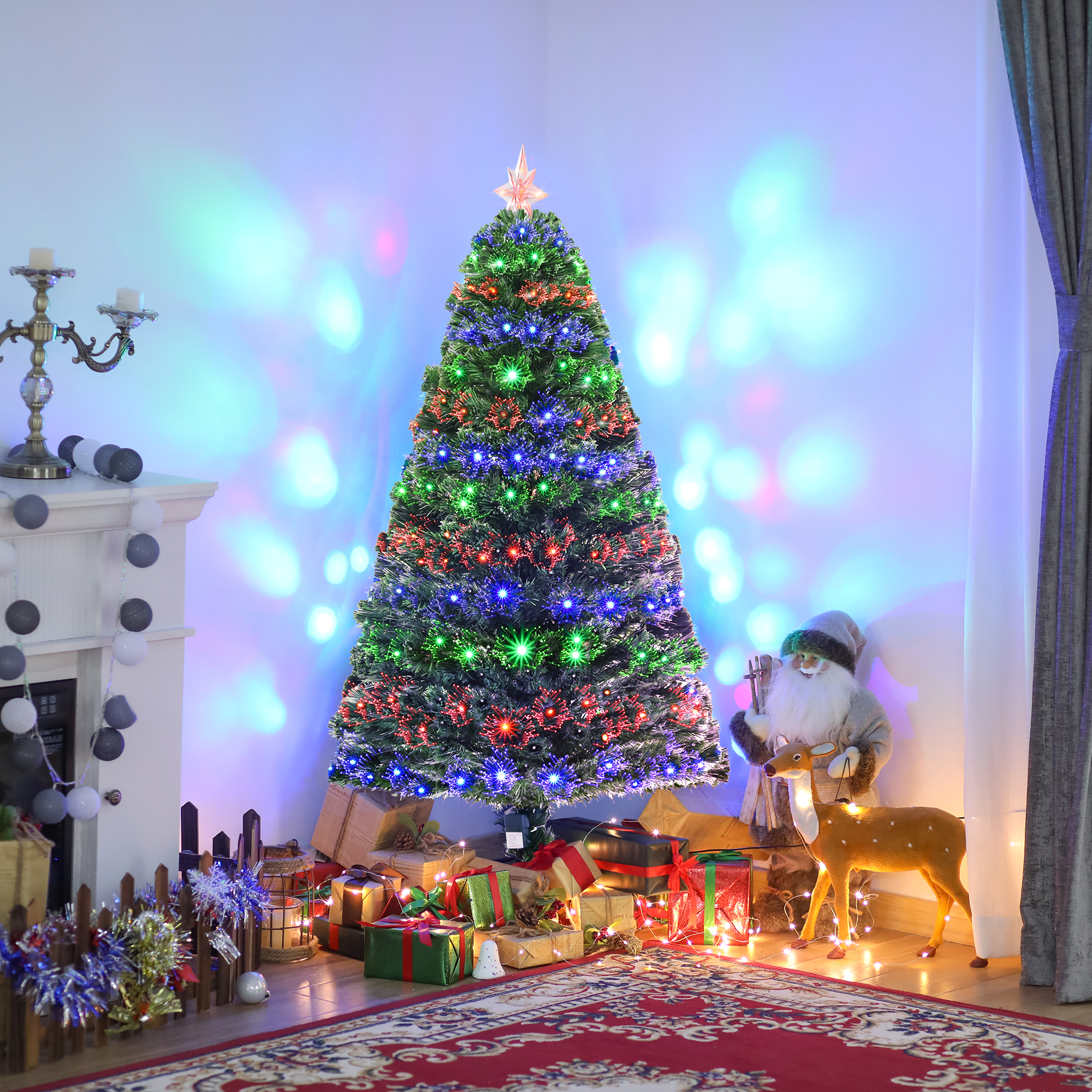 HOMCOM 5 Feet Prelit Artificial Christmas Tree with Multi-Coloured Fiber Optic LED Light, Holiday Home Xmas Decoration, Green 2