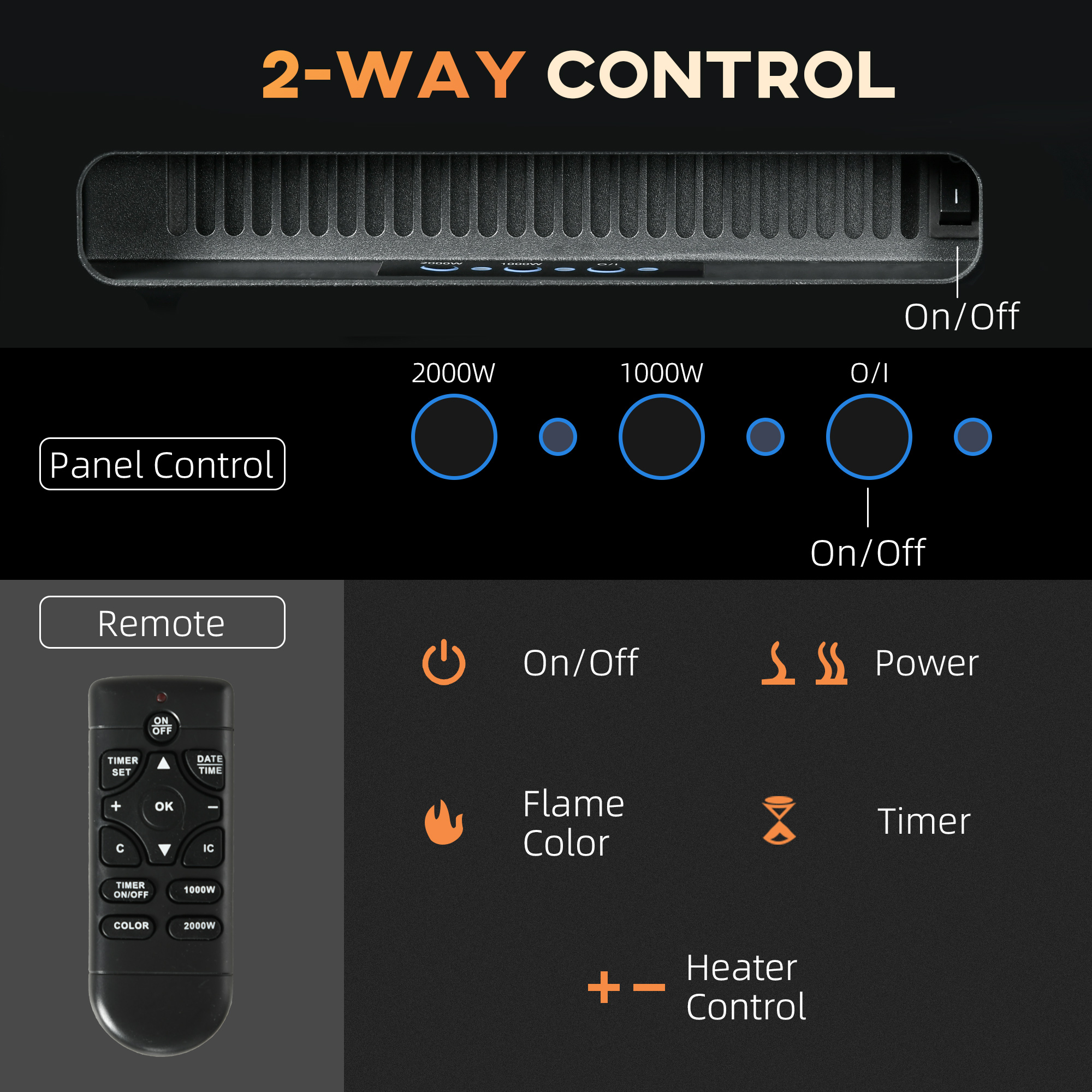 HOMCOM 102cm/40" Electric Fireplace, 2000W Recessed and Wall Mounted Electric Fire with Remote Control, 9 Flame Colour and Crystal, Black 5