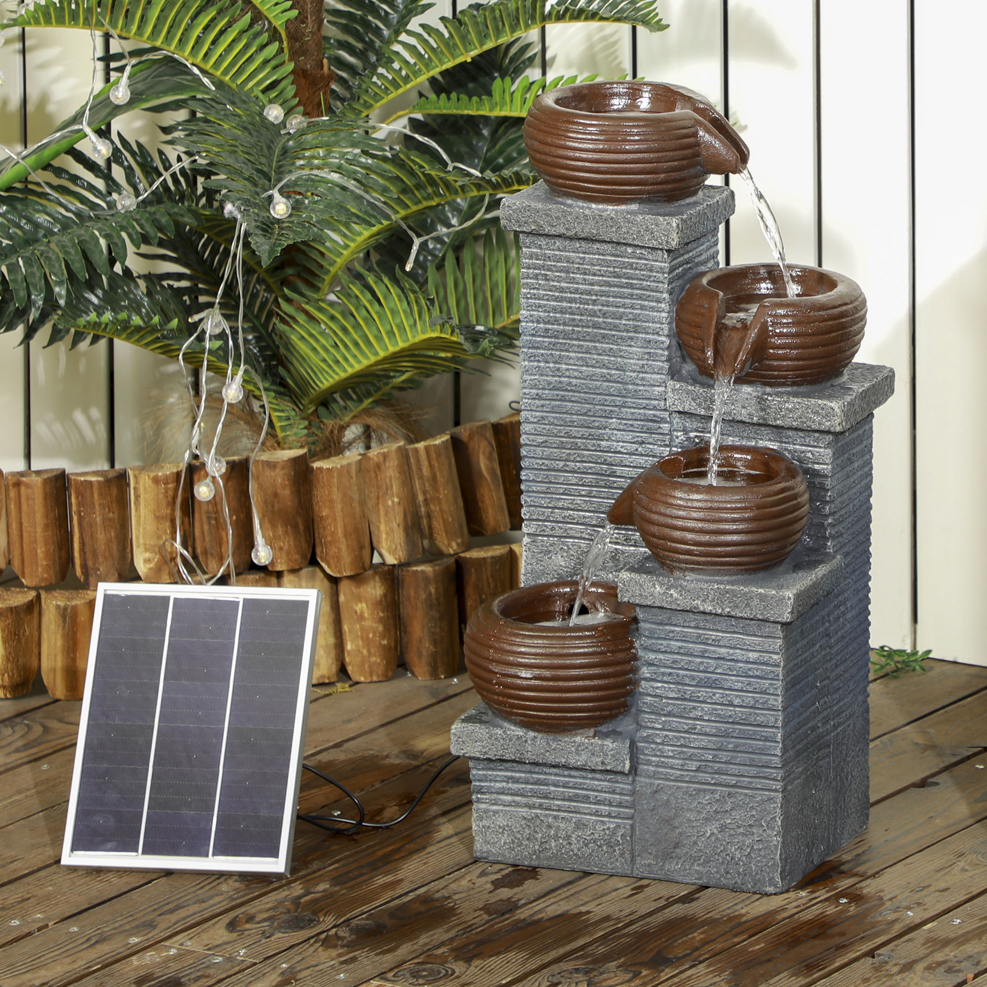 Outsunny Solar Powered Garden Water Feature with LED Lights and Pump, 4 Tier Cascading Water Fountain for Indoor/Outdoor, Bowls Waterfall Ornament, 58cm Height 2