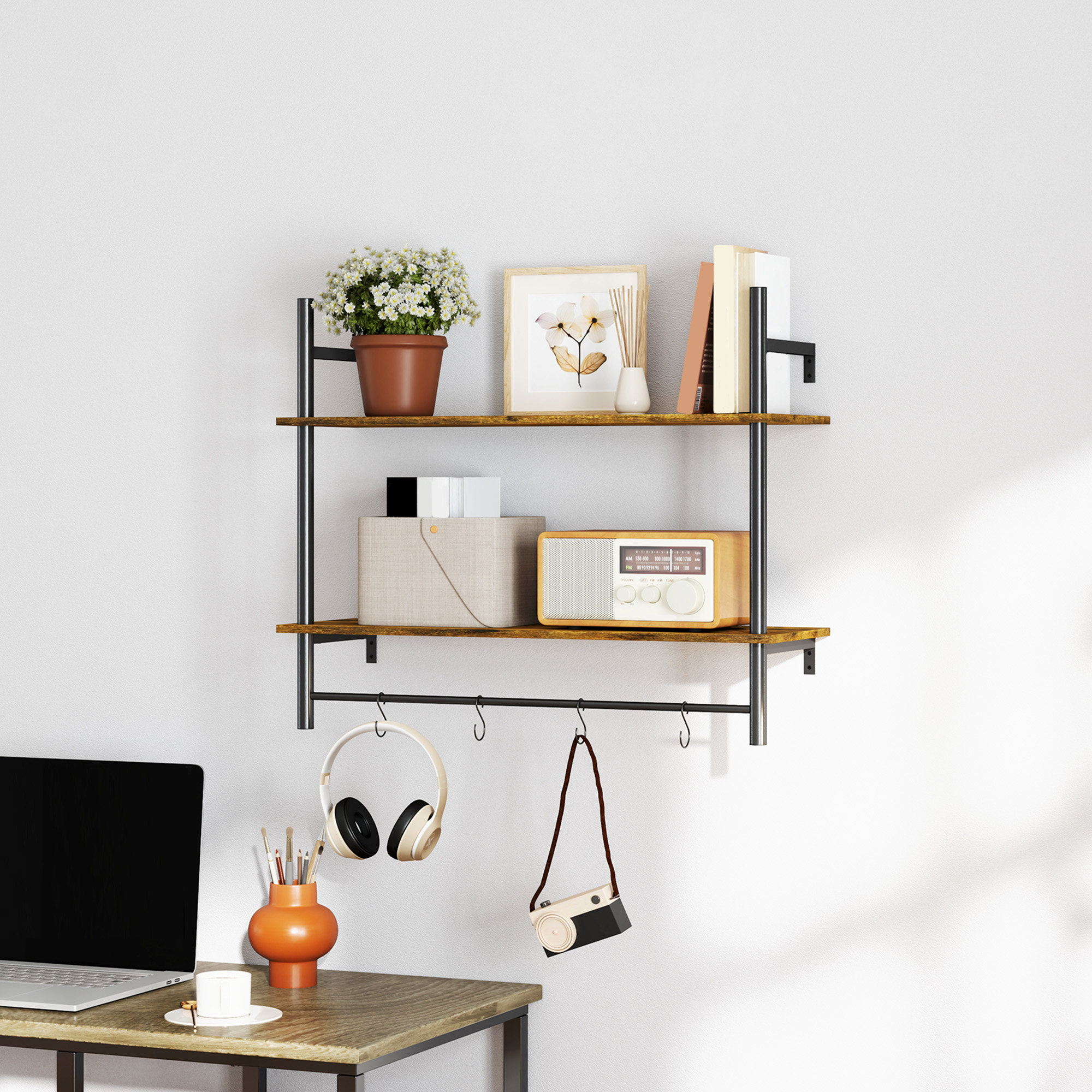 HOMCOM Wall Mounted Floating Shelves with 4 Hooks, Rustic Wall Shelf Unit for Living Room, Entryway, Rustic Brown 7