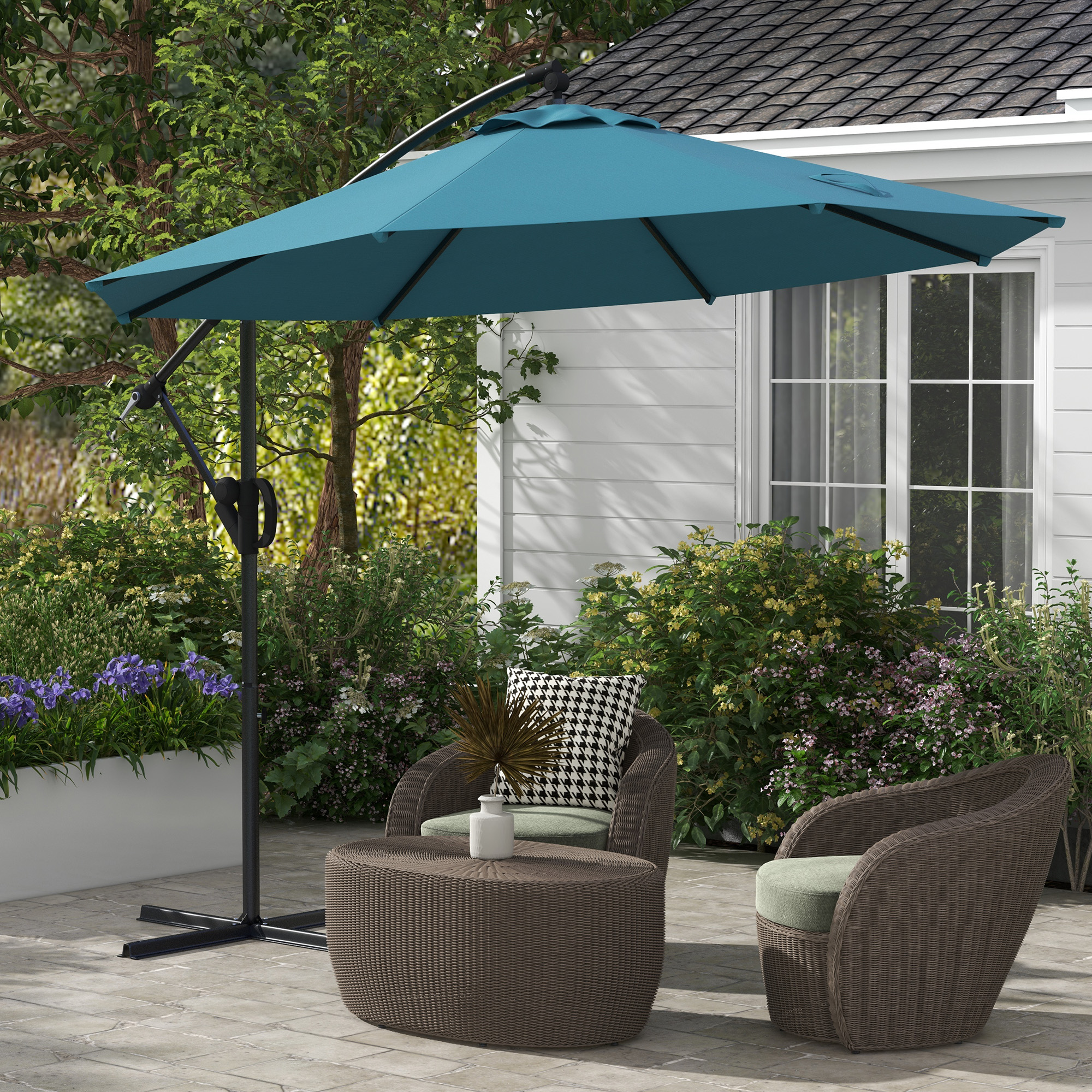 Outsunny 3m Offset Cantilever Parasol Umbrella, with Cross Base Blue 2
