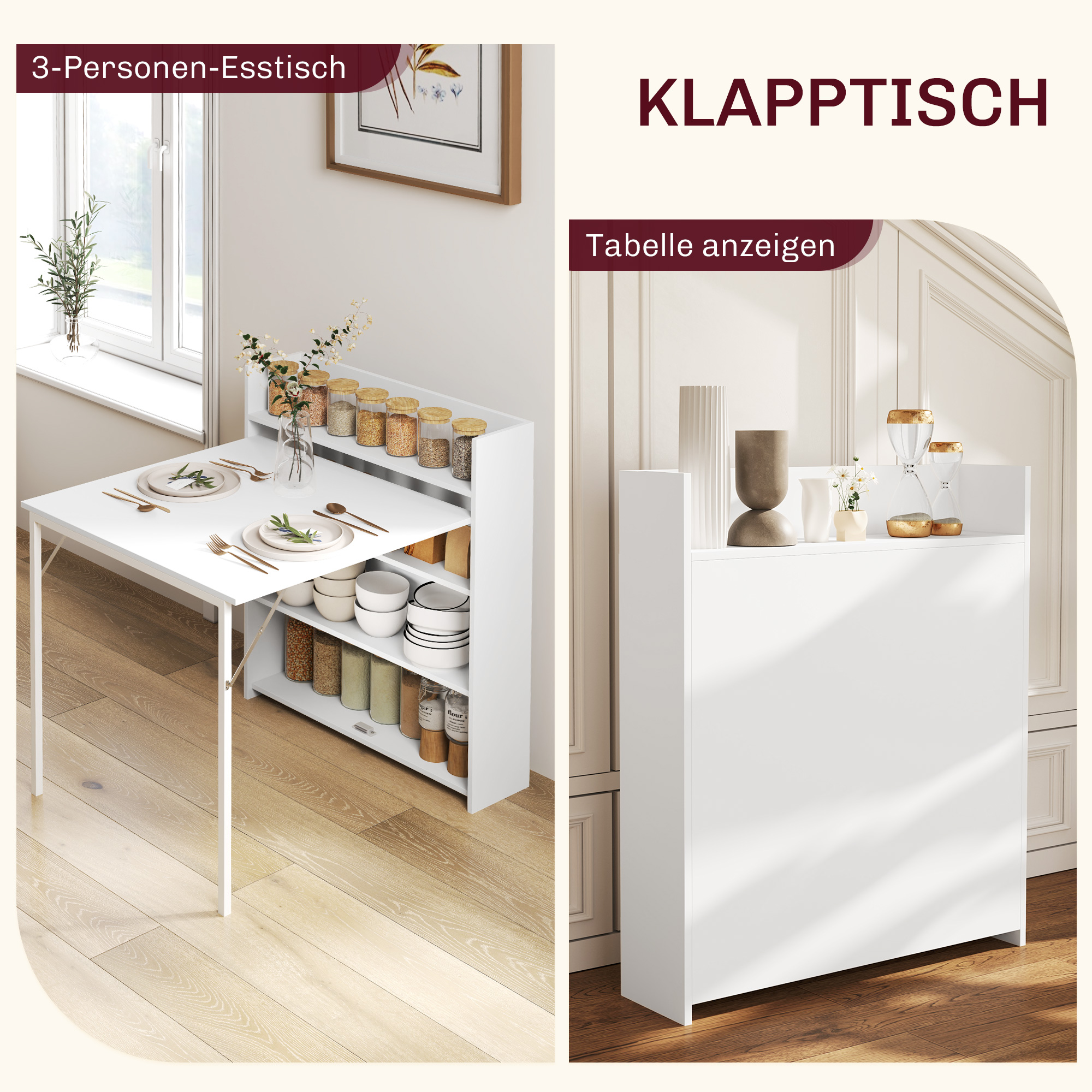 HOMCOM Klappbarer Esstisch, für kleine Räume geeignet, mit 4 diskreten Regalen, faltbarer Küchentisch, Anti-Kipp-Funktion, Weiß
