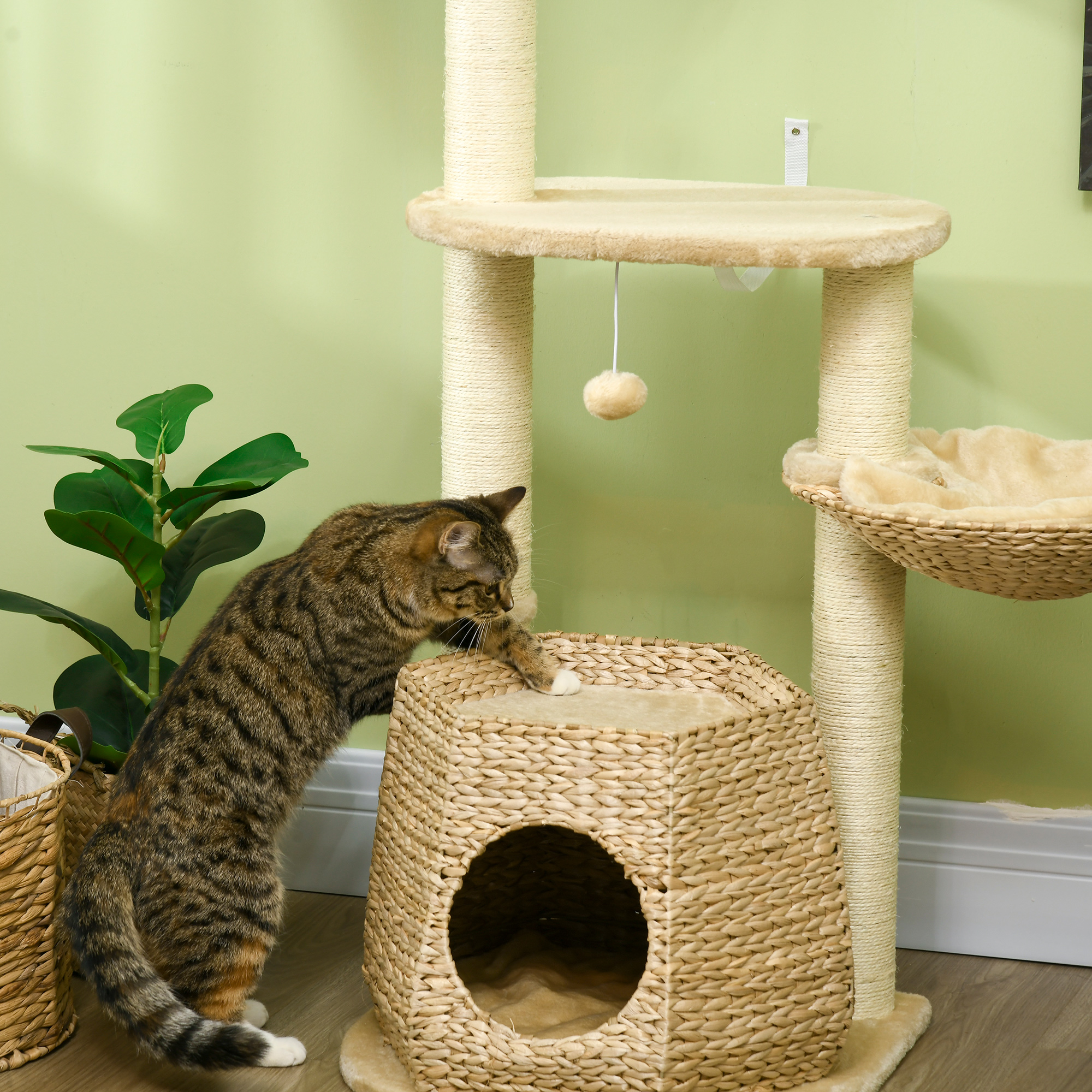 PawHut Cat Tree Activity Centre, with Cattail, Bed, Cat House, Sisal Post, Ball Natural Tone 9