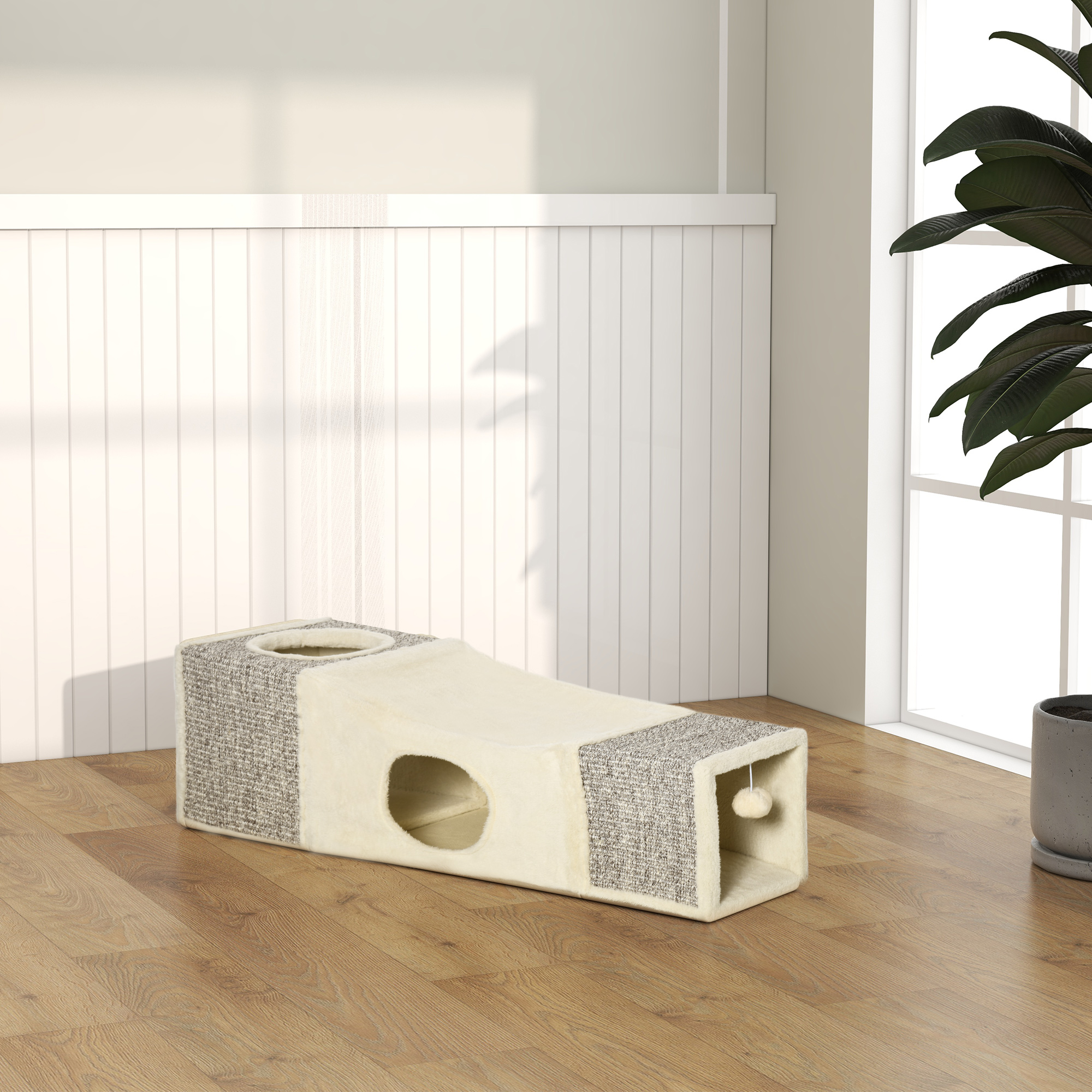 PawHut Tunnel Gatto Pieghevole Con Casette E Tiragraffi In Sisal, 98x30x30 Cm, Con Pallina Sospesa, Per Gatti Fino A 10 Kg, Crema
