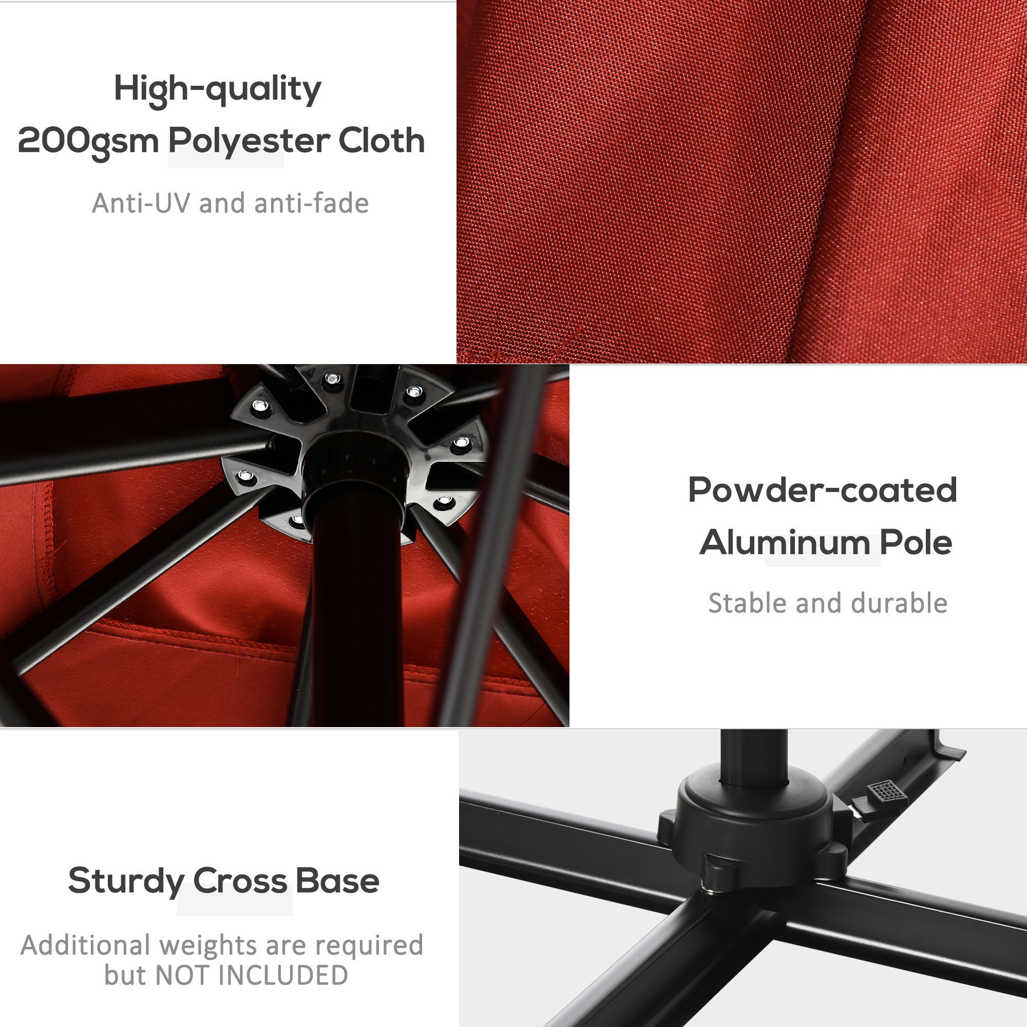 Outsunny 2.5 x 2.5m Patio Offset Parasol Umbrella Cantilever Hanging Aluminium Sun Shade Canopy Shelter 360° Rotation with Crank Handle and Cross Base, Wine Red 7
