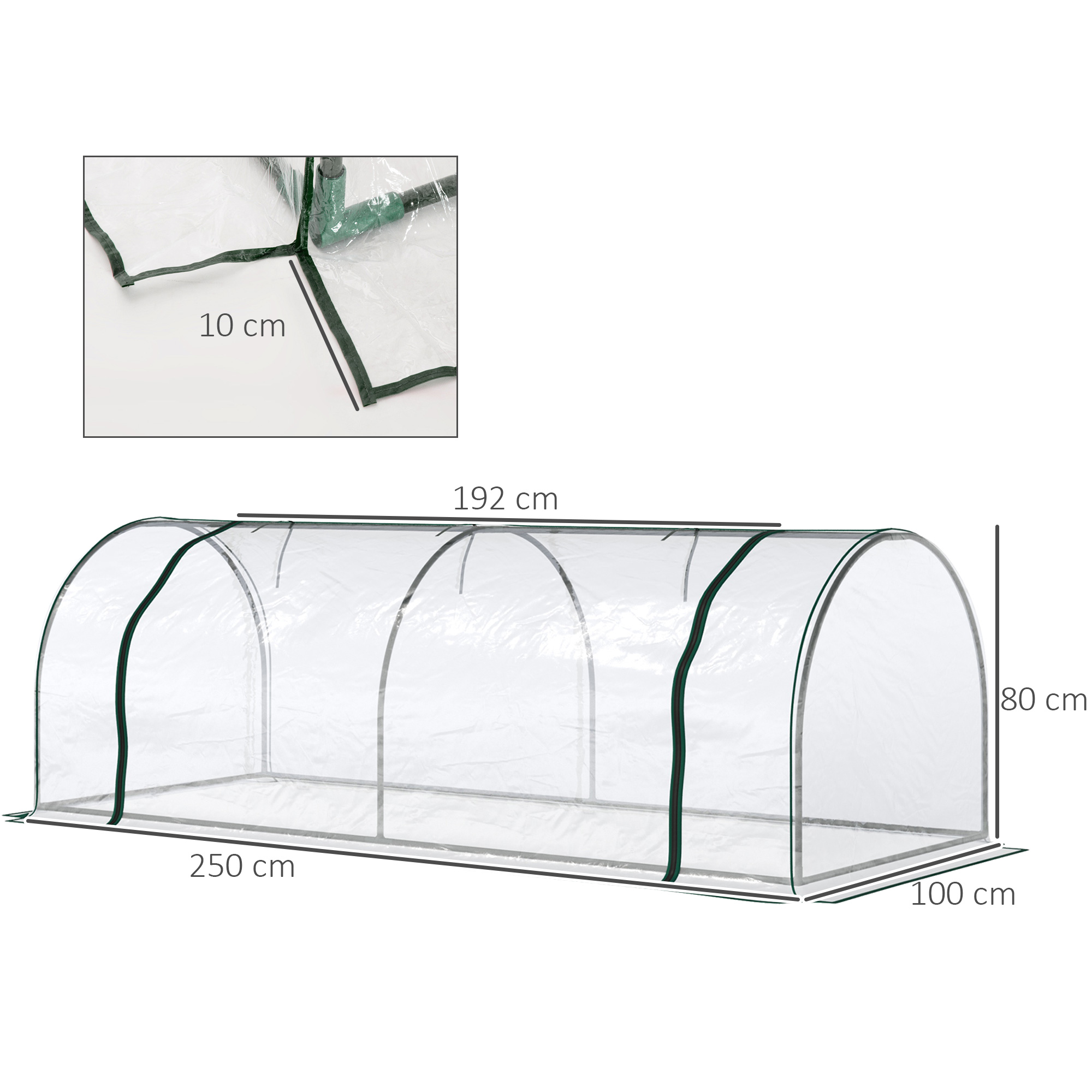 Outsunny Mini Greenhouse, Small Polytunnel Green House with Zipped Doors, Steel Frame for Garden Patio, 250 x 100 x 80cm, Clear 3