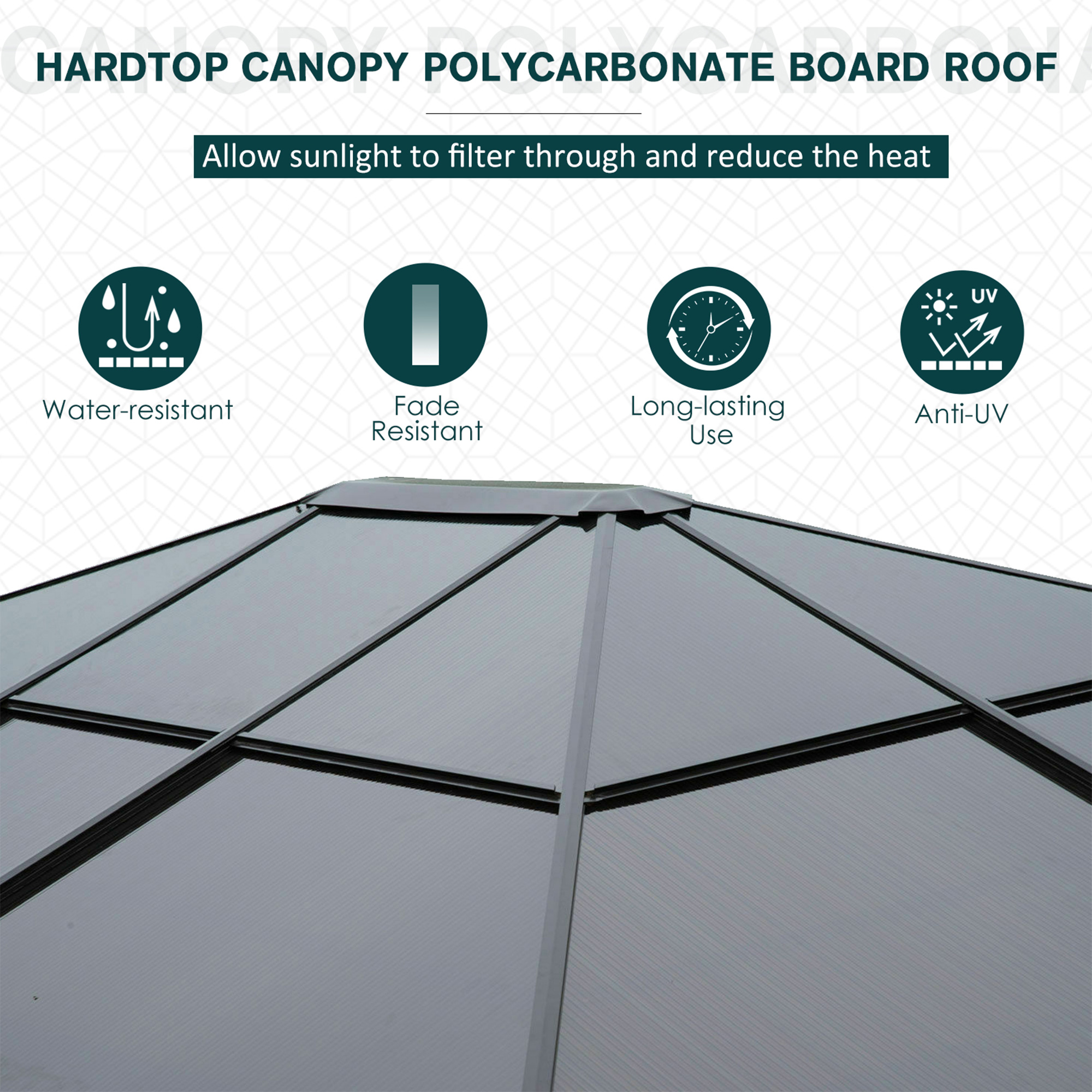 Outsunny 3 x 3.6m Polycarbonate Hardtop Gazebo with LED Solar Light and Aluminium Frame, Garden Pavilion with Mosquito Netting and Curtains 4