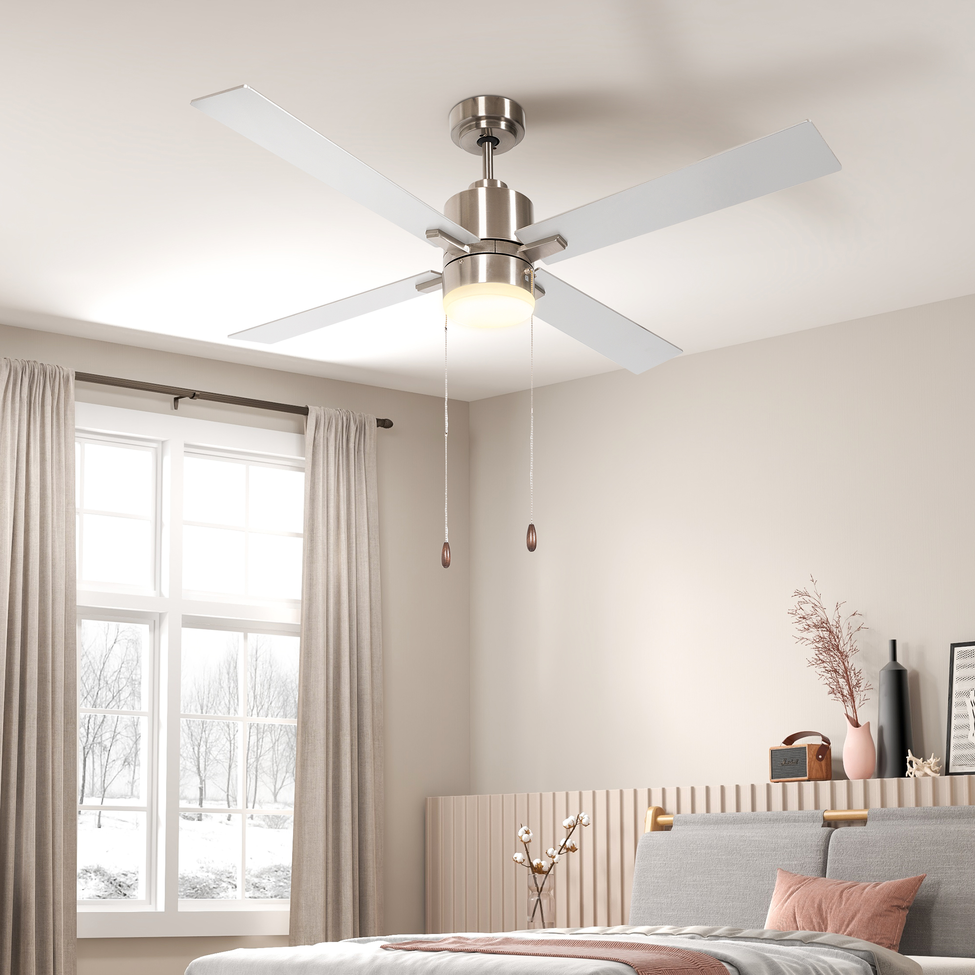 HOMCOM Ceiling Fan with LED Light, Flush Mount Ceiling Fan Lights with 6 Reversible Blades, Pull-chain Switch, White