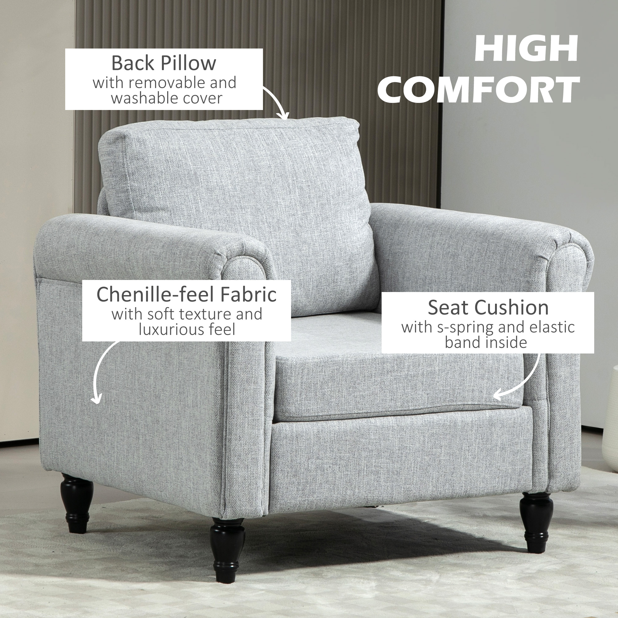 HOMCOM Vintage Accent Chair, Upholstered Occasional Chair with Back Pillow, Rolled Arms, Rubber Wood Legs, Light Grey 5