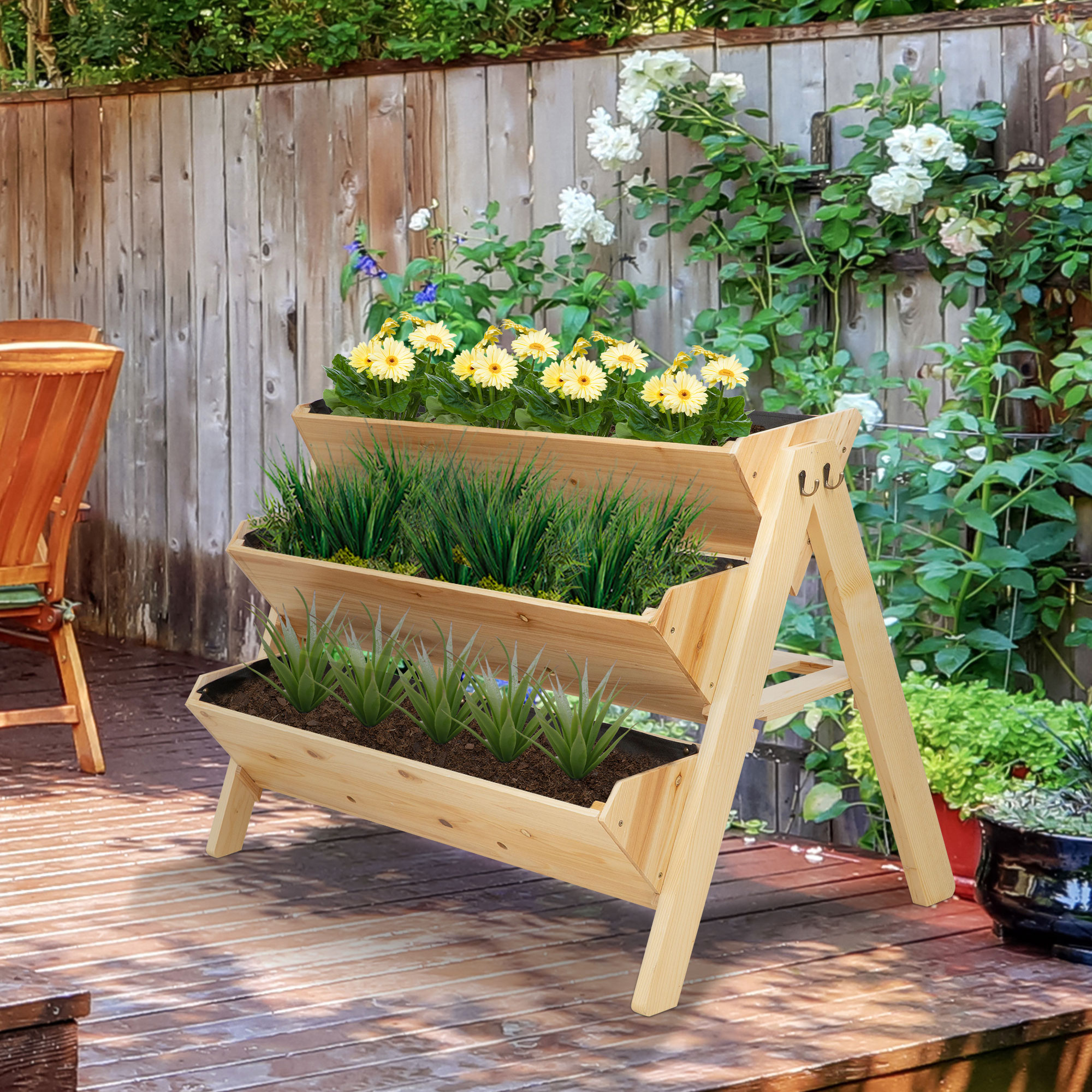 Outsunny 3 Tier Raised Beds for Garden, Wooden Planter Boxes with Clapboard and Hooks, 142L, 120 x 68 x 80cm 2