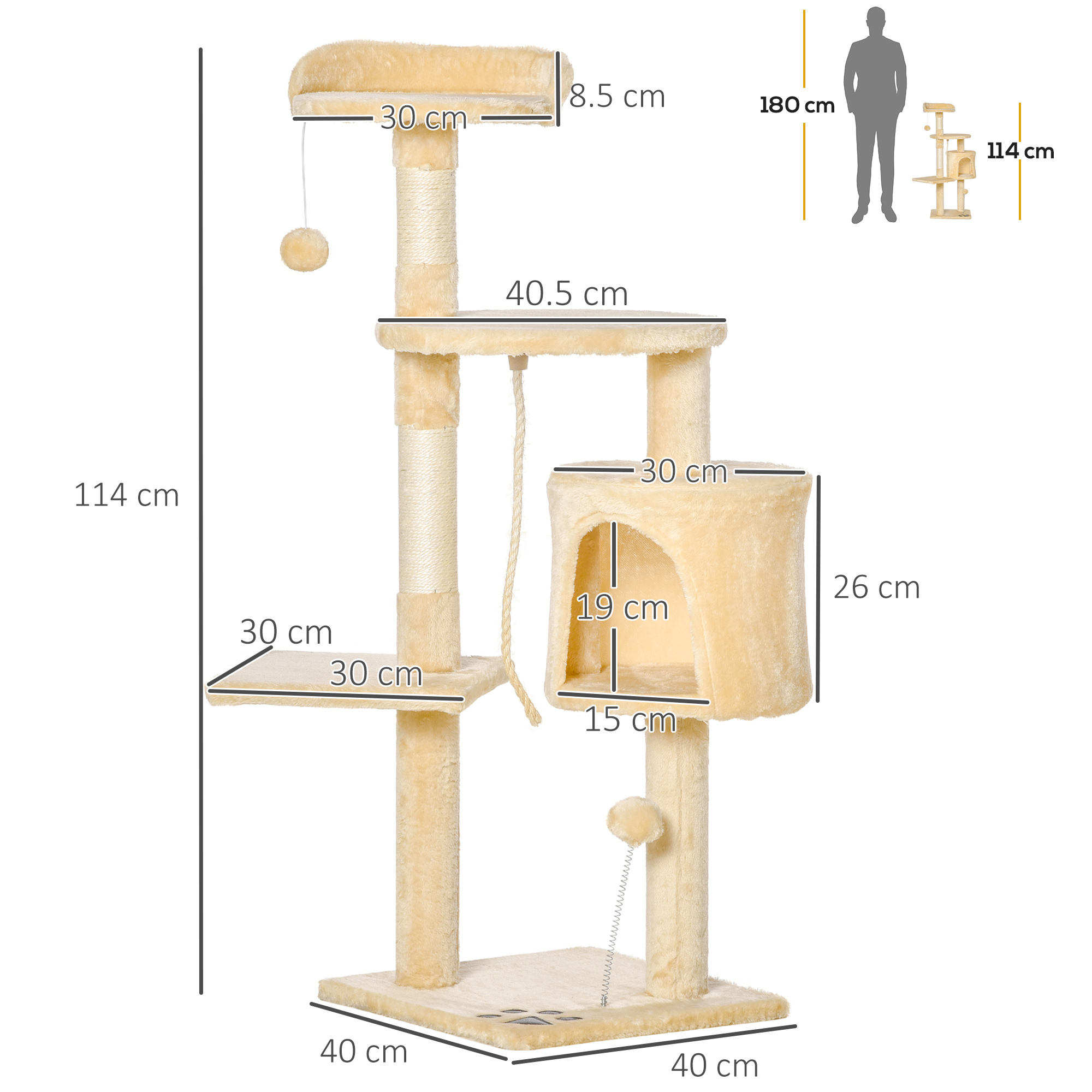 PawHut Cat Tree for Indoor Cats Pet Activity Centre Kitty Condo Climbing Scratching Post with Toys 4-tier 114cm Tall Beige 3