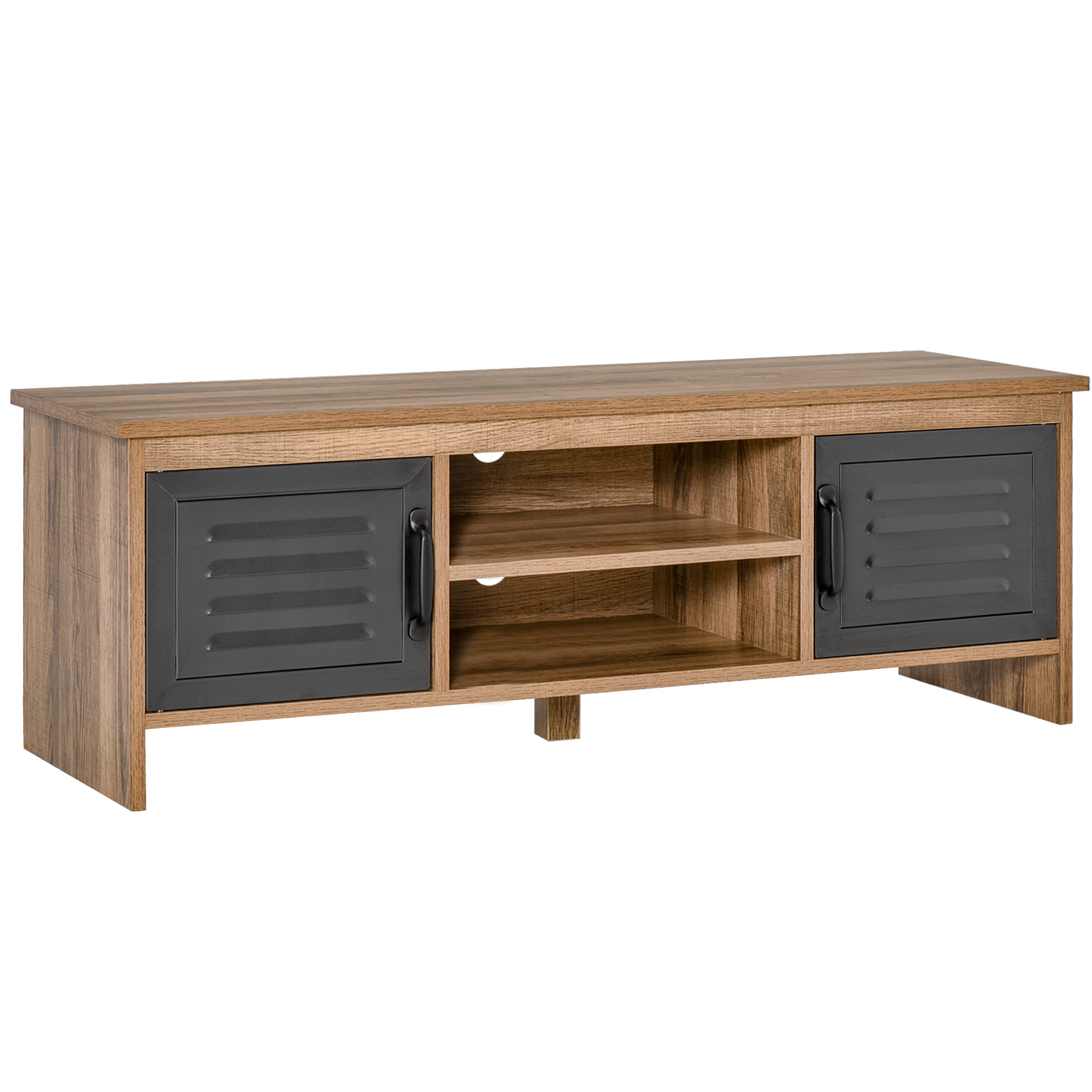 HOMCOM Mueble de TV para Televisores 42" con 2 Compartimentos Cerrados Puertas de Metal y 2 Estantes 109x35x38 cm Madera Natural y Gris | Aosom España