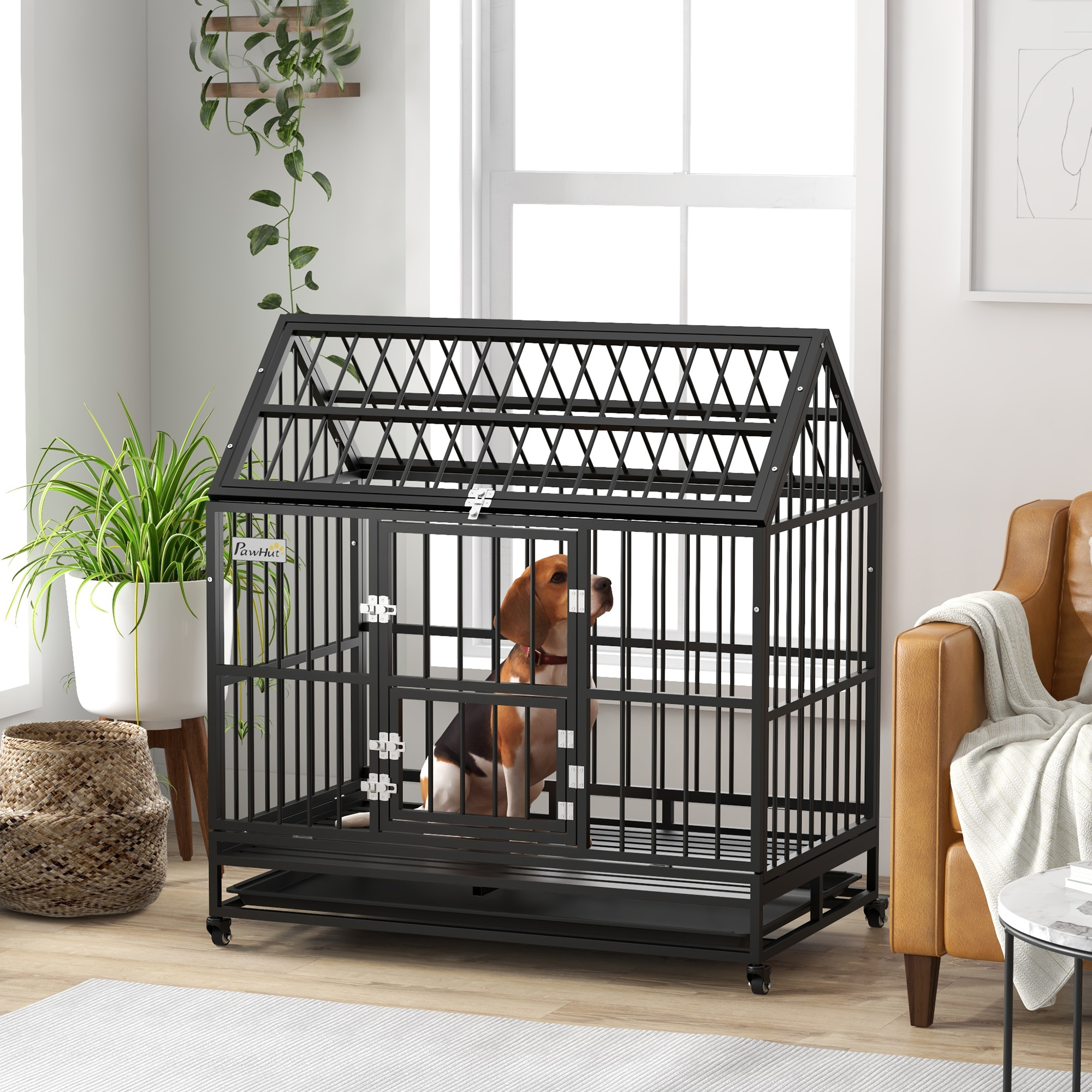 PawHut 48" Heavy Duty Dog Crate on Wheels, with Removable Tray, Openable Top, for L, XL Dogs Black 2