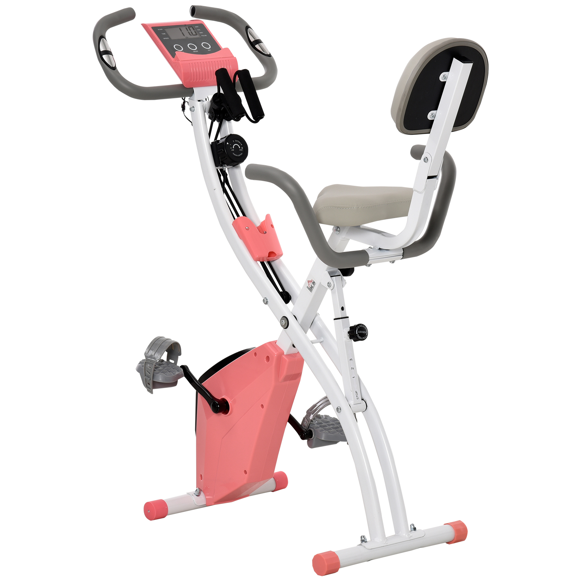 HOMCOM Vélo d'appartement pliant 8 niveaux de résistance écran LCD multifonction suspensions support tablette acier rose blanc