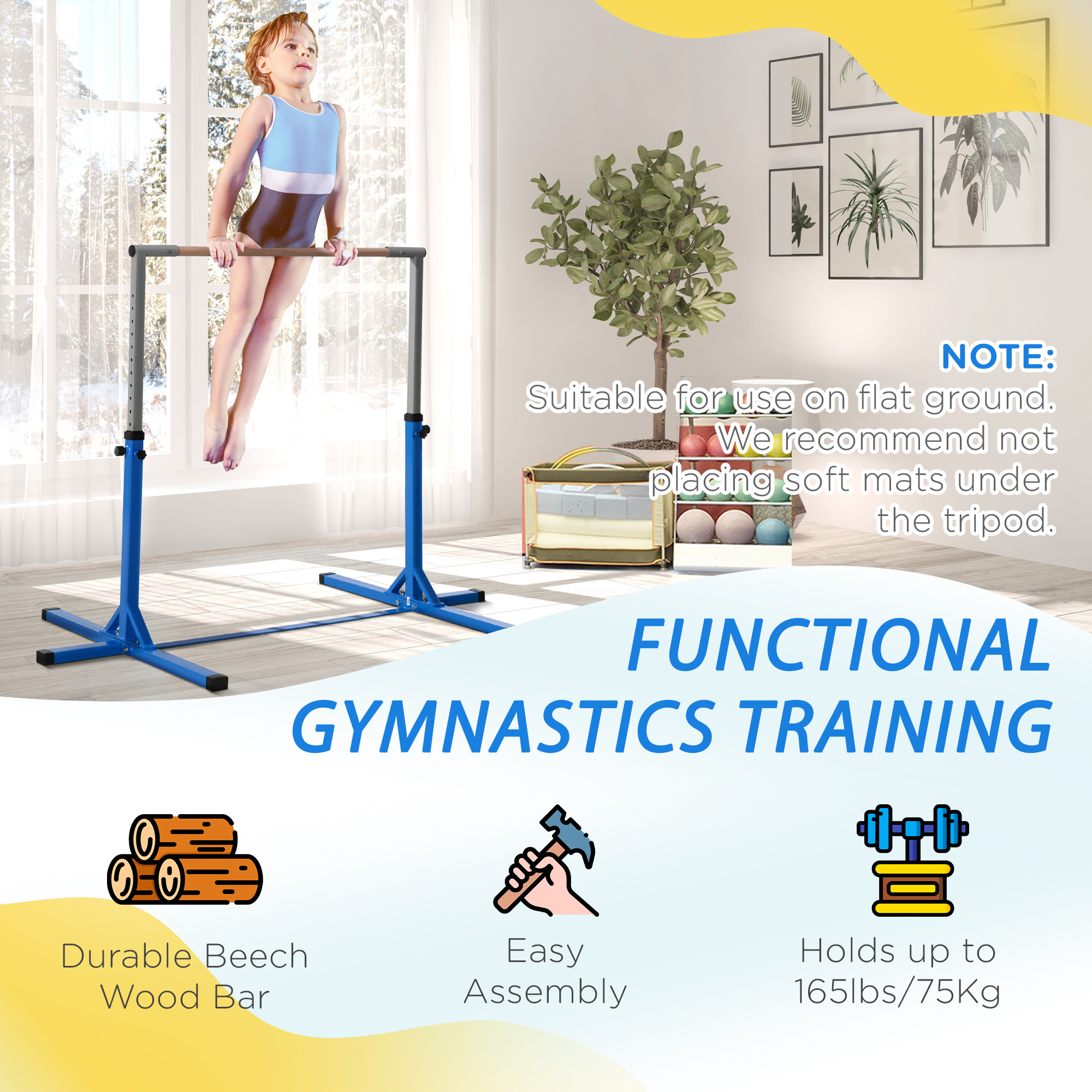 HOMCOM Height Adjustable Gymnastics Horizontal Bar for Kids, Children Junior Kip High Bar Fitness, Blue 5