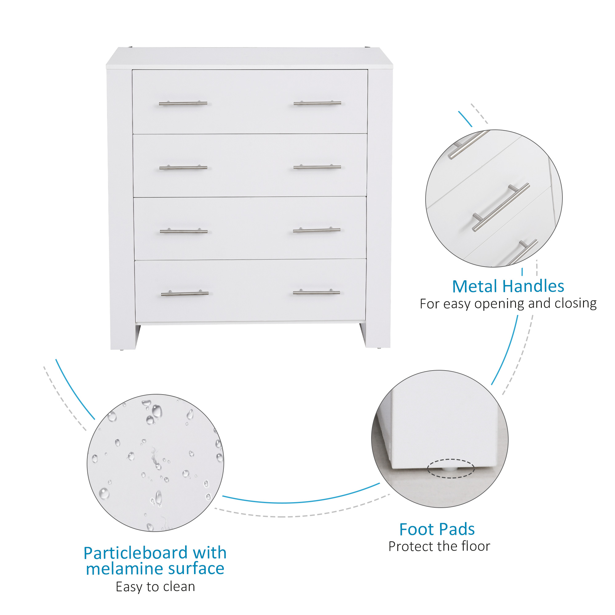 HOMCOM Chest Of 4 Drawers Storage Cabinet Bedroom Clothes w/Metal Handles Base Freestanding Unit Furnishing Living Room White 6