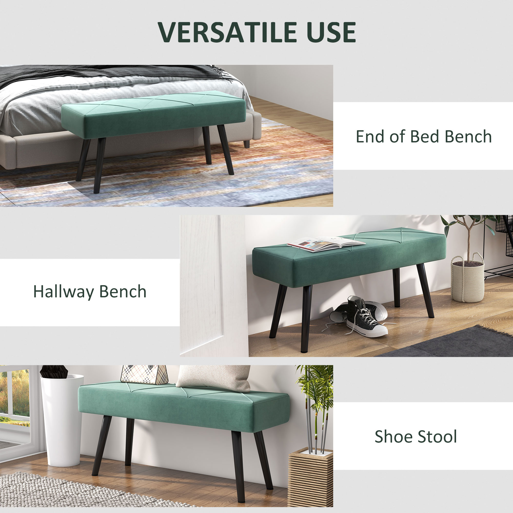 HOMCOM End of Bed Bench with X-Shape Design and Steel Legs, Upholstered Hallway Bench for Bedroom, Green 6