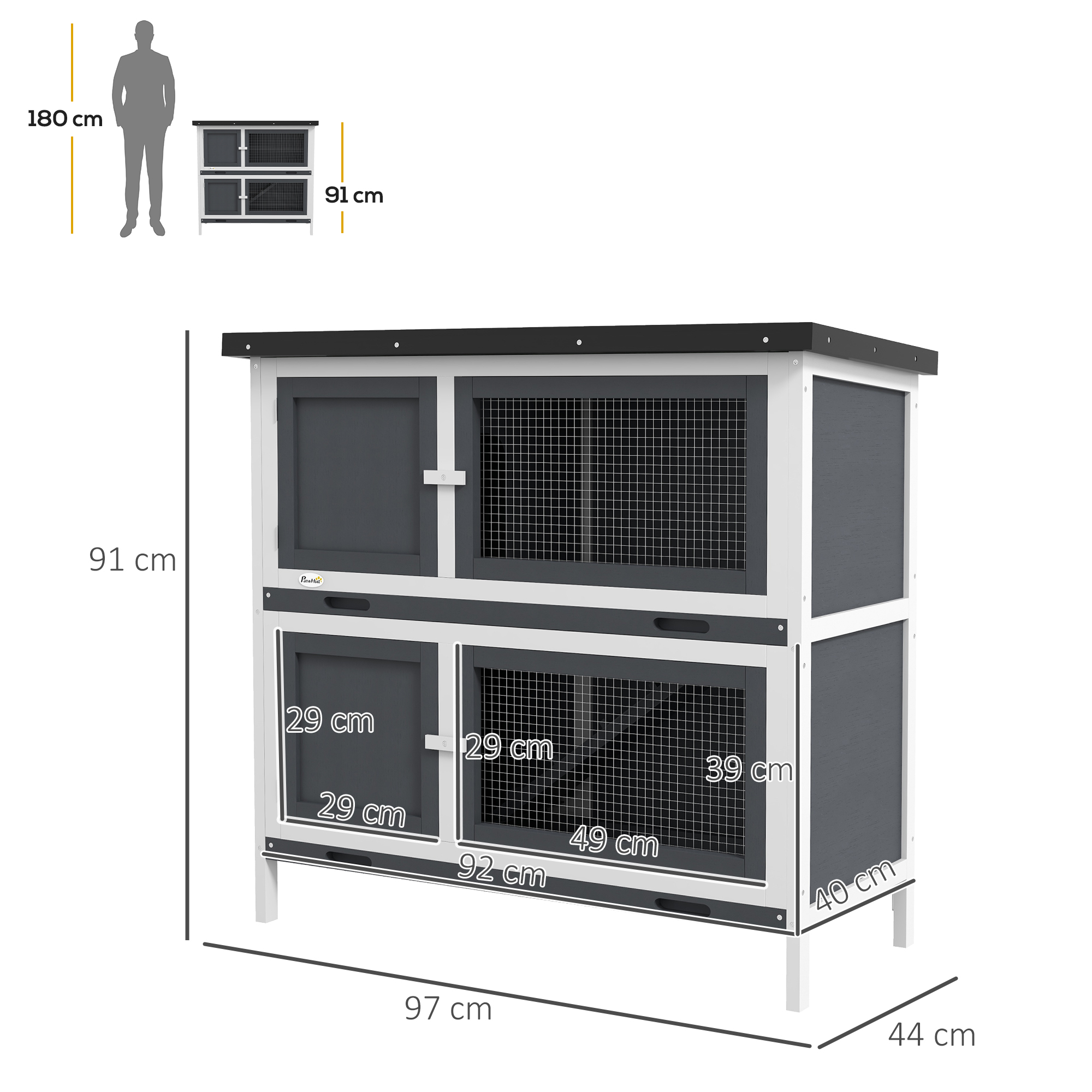 PawHut Double Decker Rabbit Hutch 2 Tier Guinea Pig House Pet Cage Outdoor with Sliding-out Tray, 100 x 47 x 91cm, Grey 3