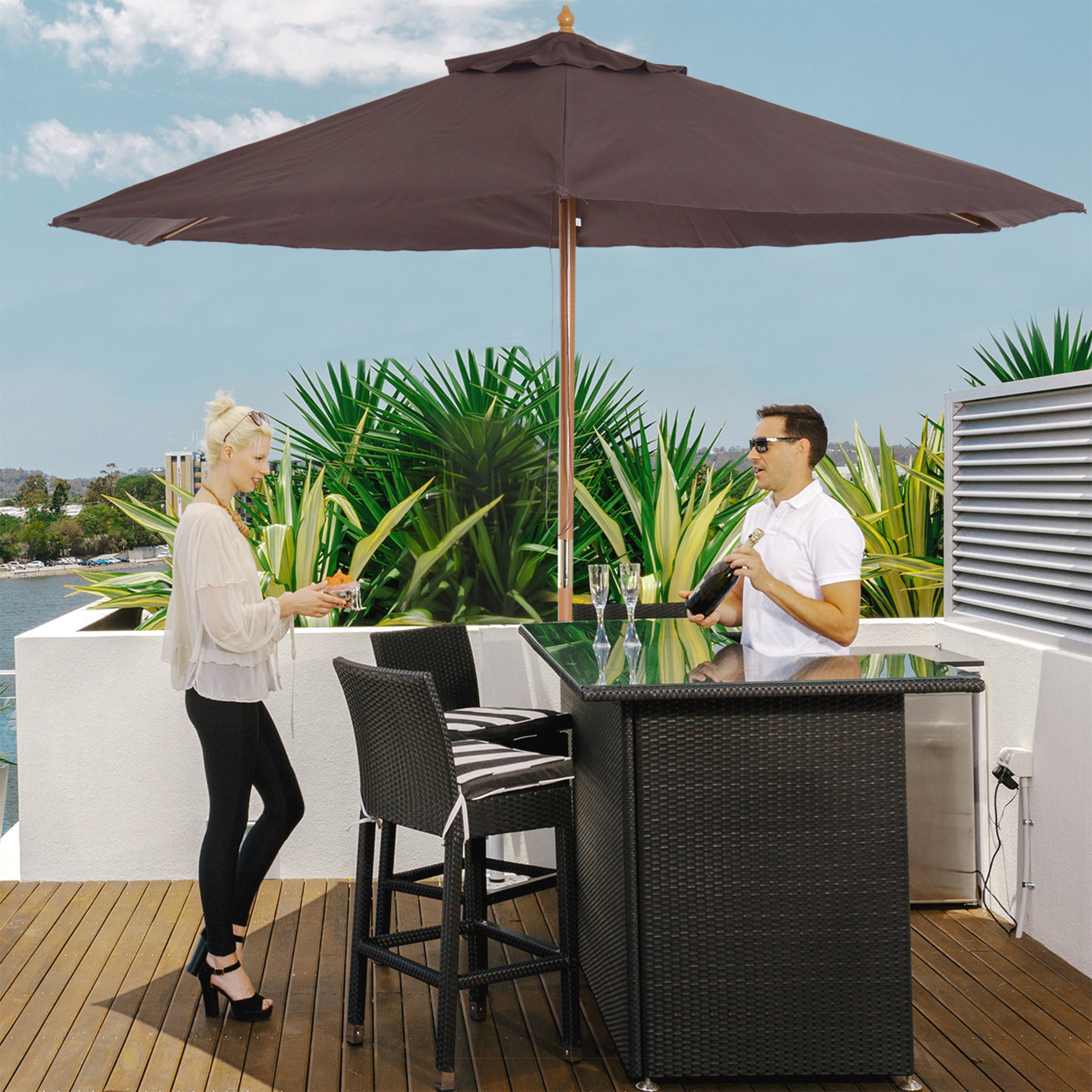 Outsunny 2.5m Wood Garden Parasol Sun Shade Patio Outdoor Wooden Umbrella Canopy Coffee 2