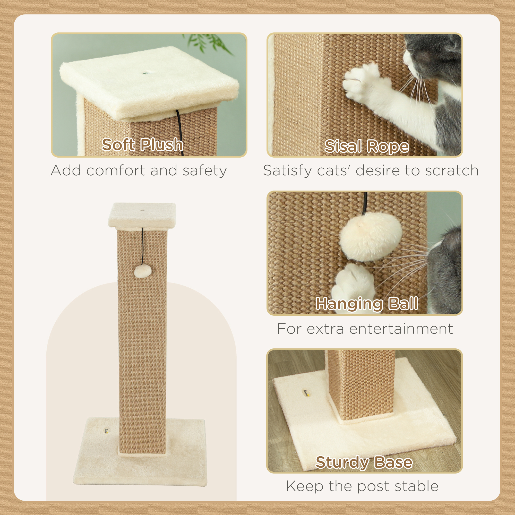 PawHut 81cm Cat Scratcher, Vertical Full Scratcher w/ Natural Jute Rope, Hanging Ball, Soft Plush Beige 5