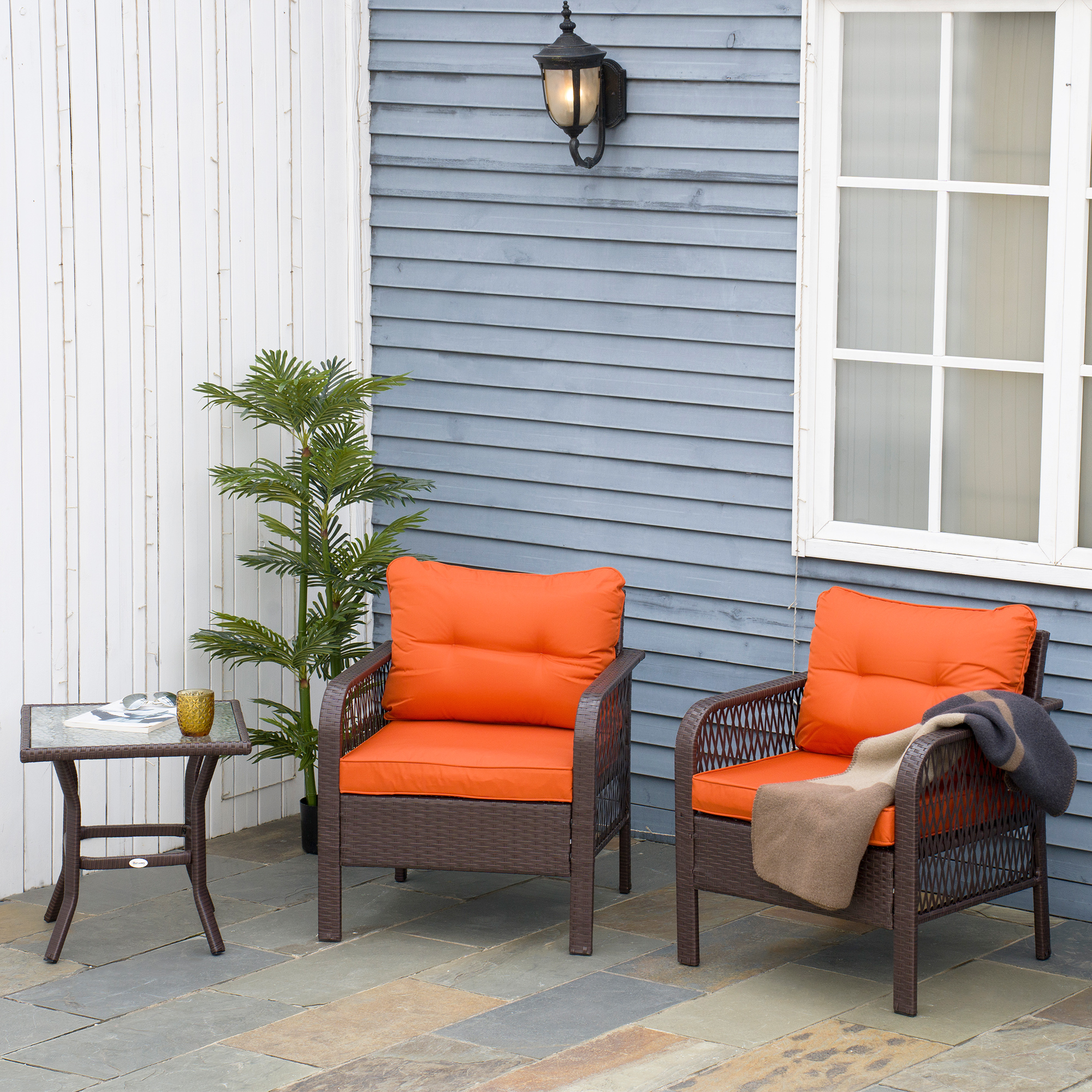 Outsunny 3 Pieces Rattan Bistro Set with Glass Top Coffee Table, Chairs and Cushions for Outdoor, Patio, Balcony, Orange 2