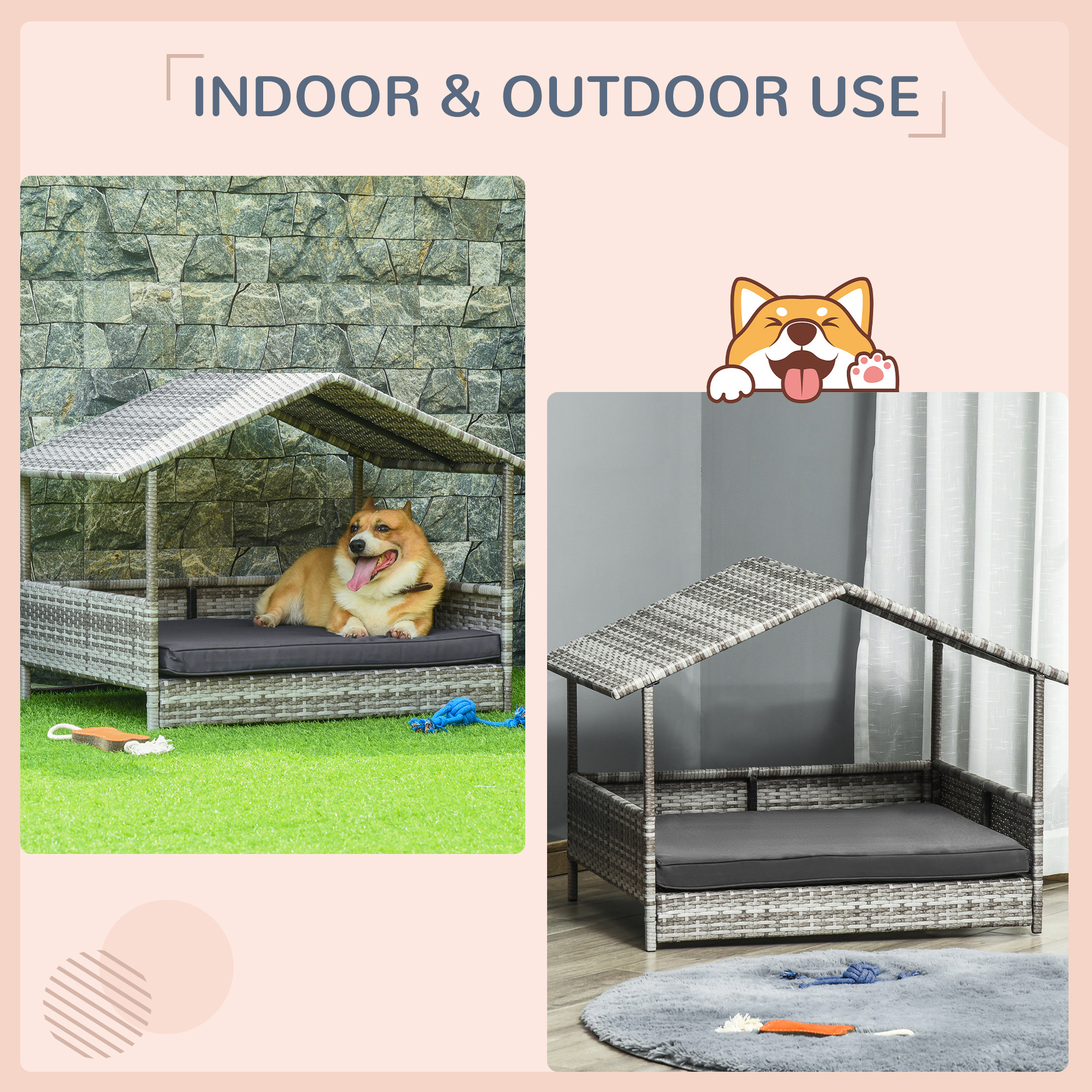 PawHut Wicker Dog House, Rattan Pet Bed, with Removable Cushion, Canopy, for Small and Medium Dogs Dark Grey 4