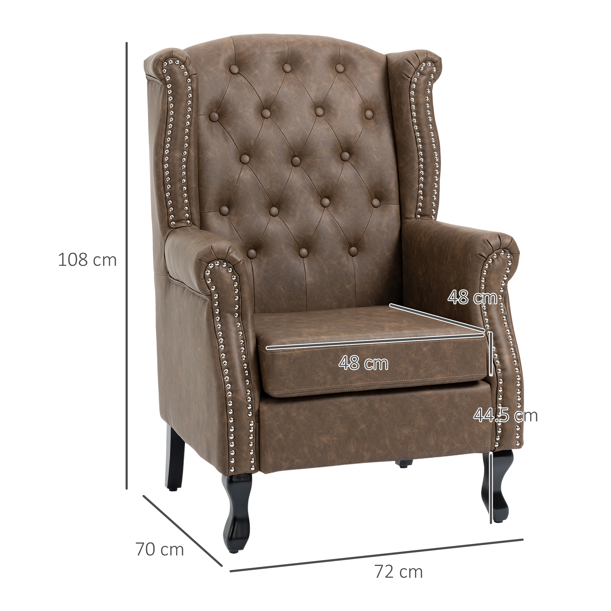 HOMCOM Wingback Accent Chair Tufted Chesterfield-style Armchair with Nail Head Trim for Living Room Bedroom Brown 3