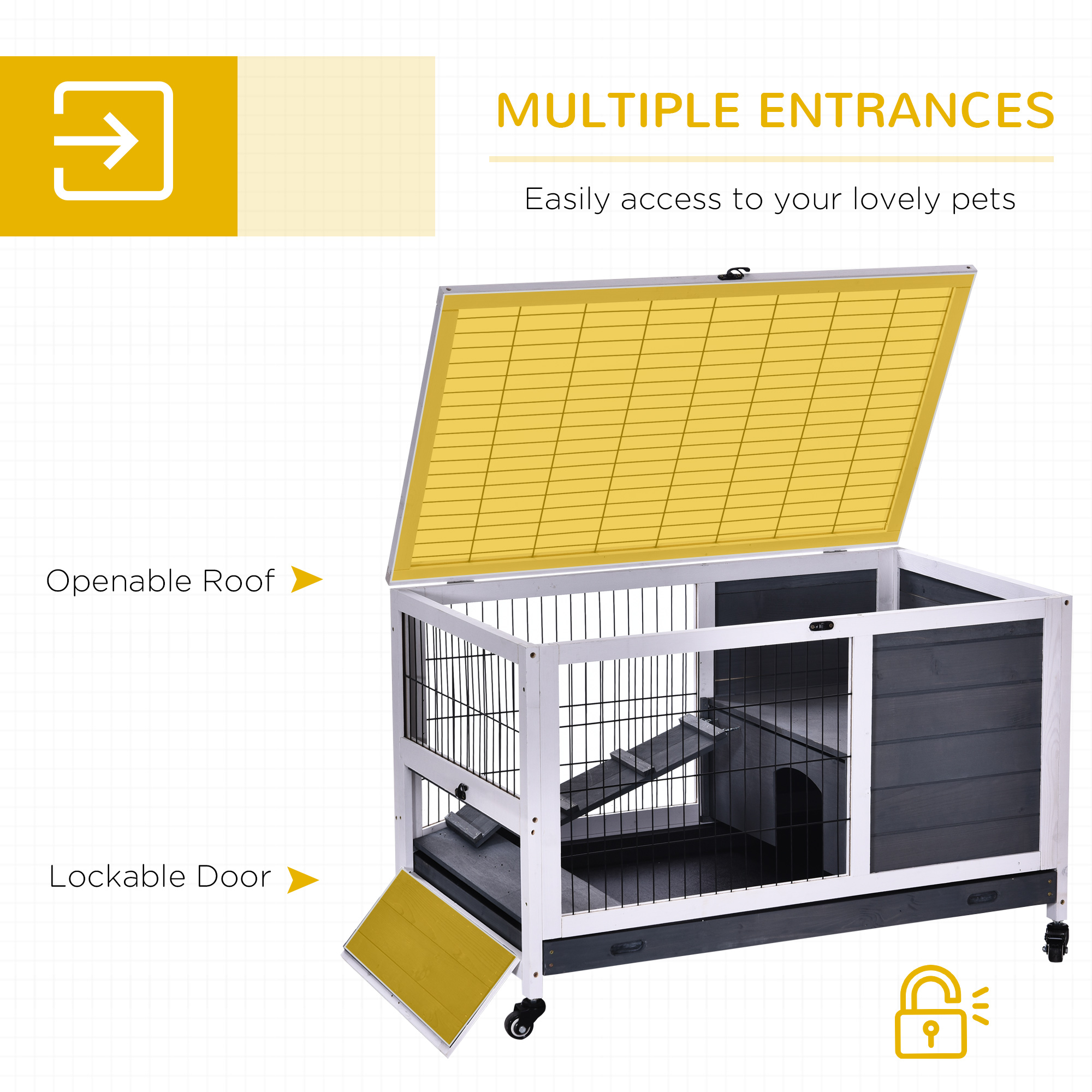 PawHut Wooden Guinea Pig Hutch, 2-Floor Bunny Cage w/ Enclosed Run Area, Grey 5