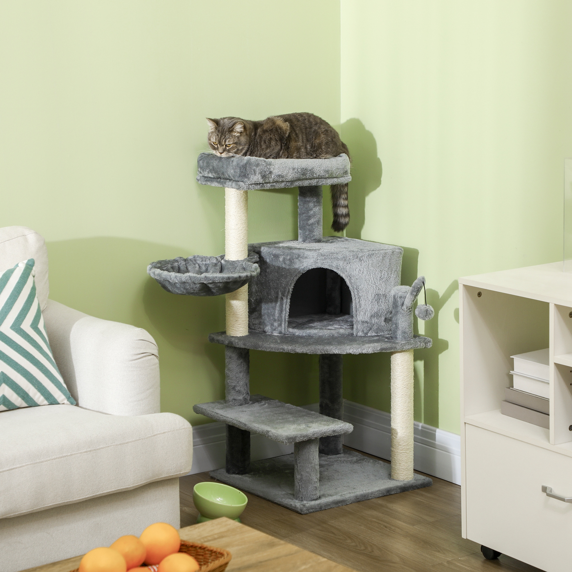 PawHut Sisal 100cm Cat Tree Tower with Sisal Scratching Post Grey 2