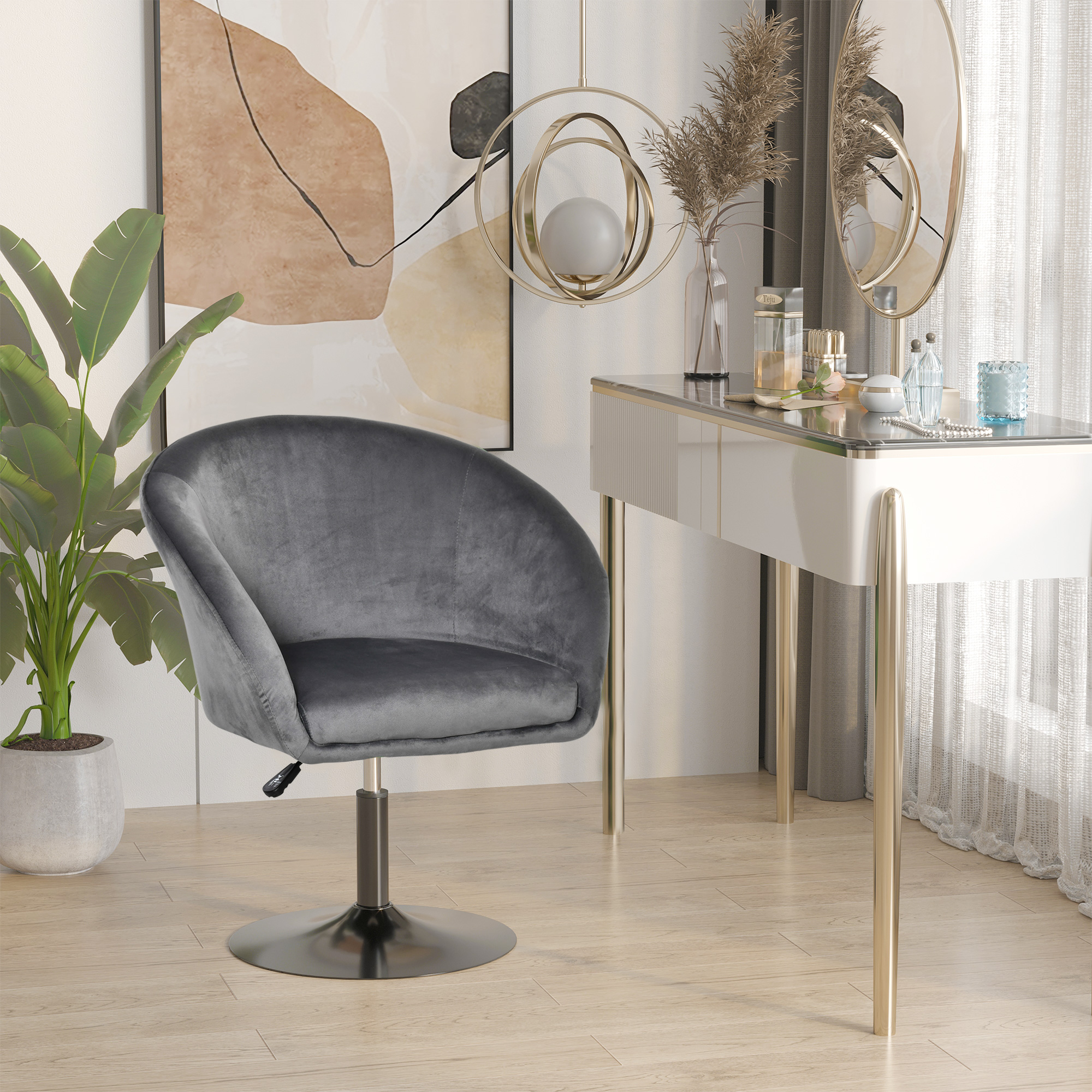 HOMCOM Dressing Table Chair, 360° Swivel Velvet-feel Upholstered Vanity Chair with Tub Seat, Back, Adjustable Height for Bedroom Makeup, Grey 2