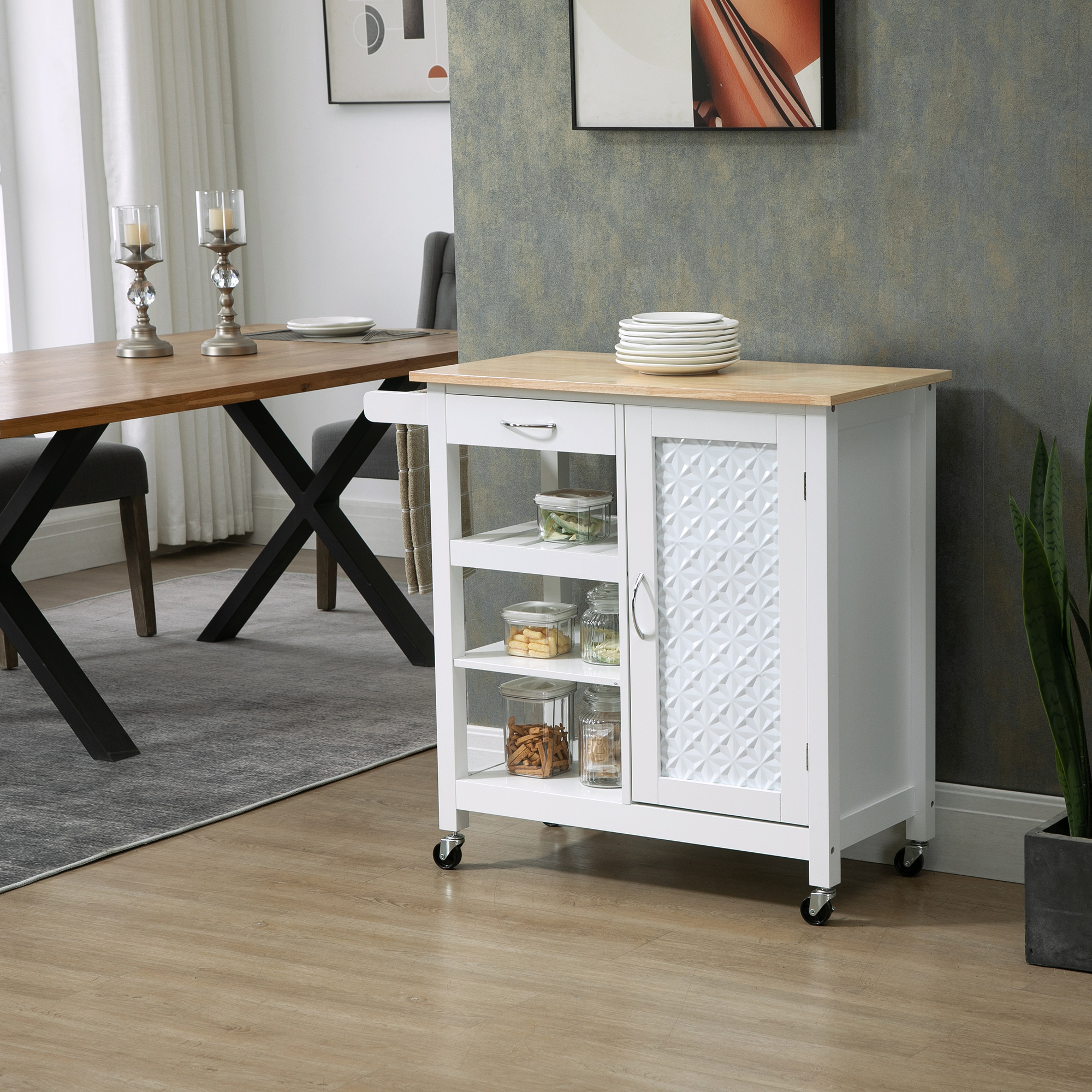 HOMCOM Kitchen Trolley, Kitchen Island on Wheels with Embossed Door Panel, Utility Kitchen Cart with 3 Storage Shelves, White 2