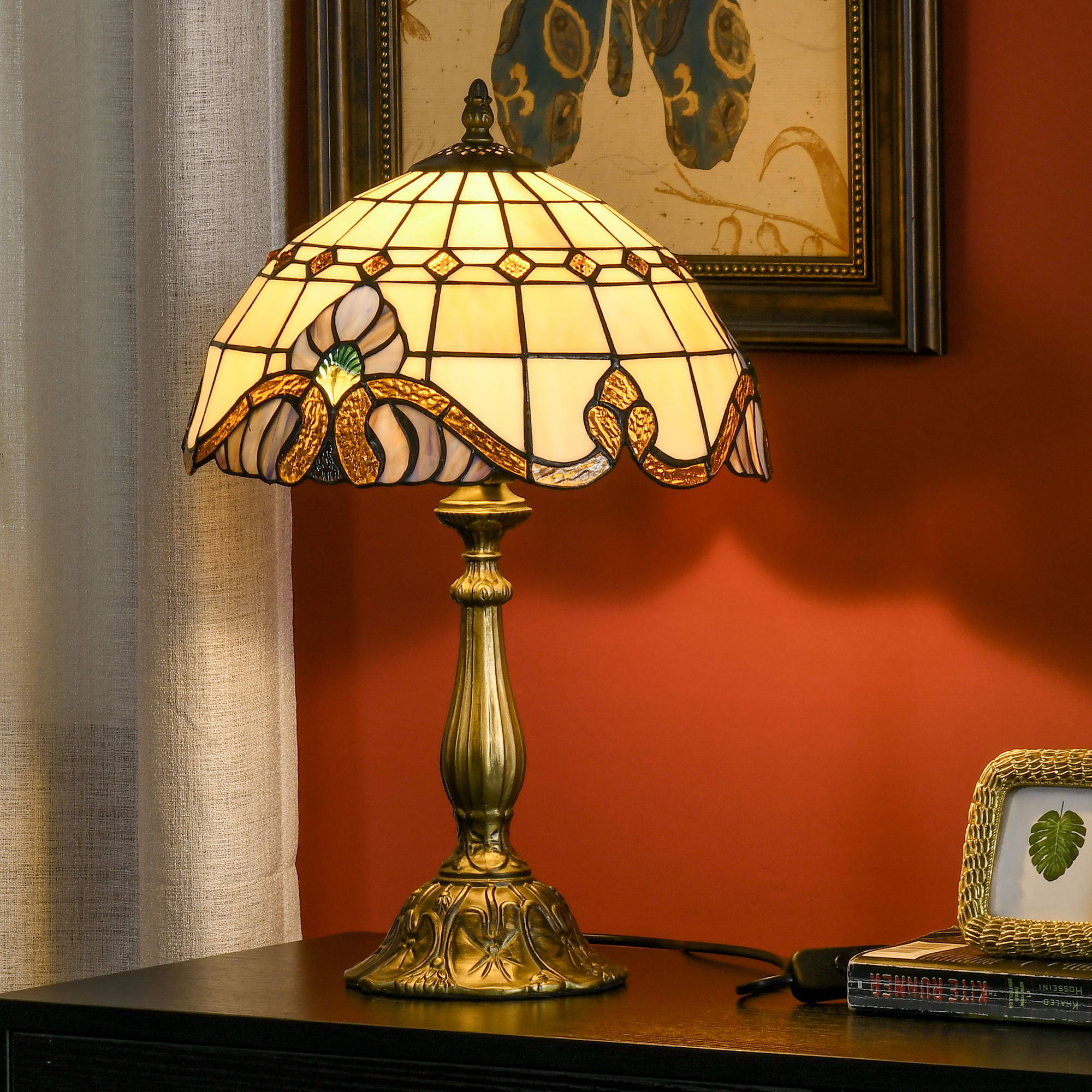 HOMCOM Stained Glass Table Lamp, Handmade Antique Bedside Lamp, Decorative Night Light for Bedroom, Living room, Home, Nightstand 2