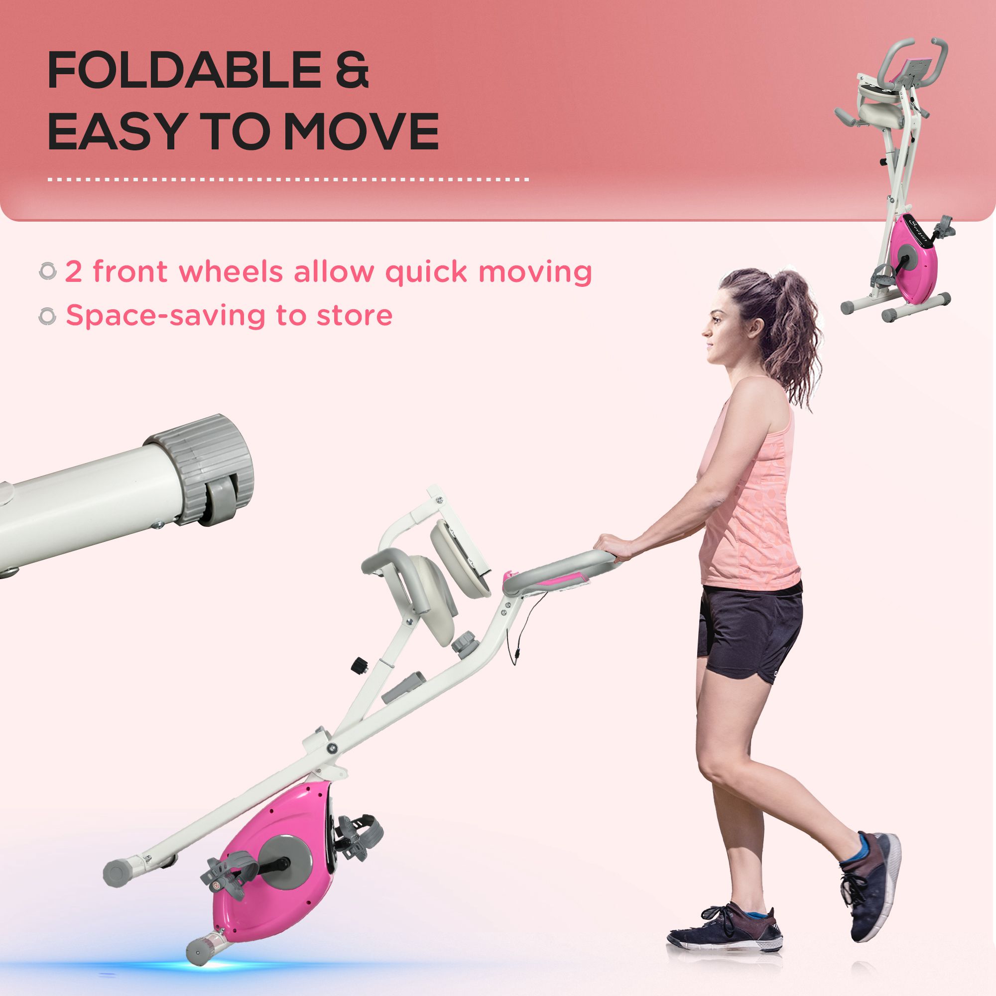 HOMCOM Folding Exercise Bike, with Adjustable Magnetic Resistance, Seat Height White and Pink 5