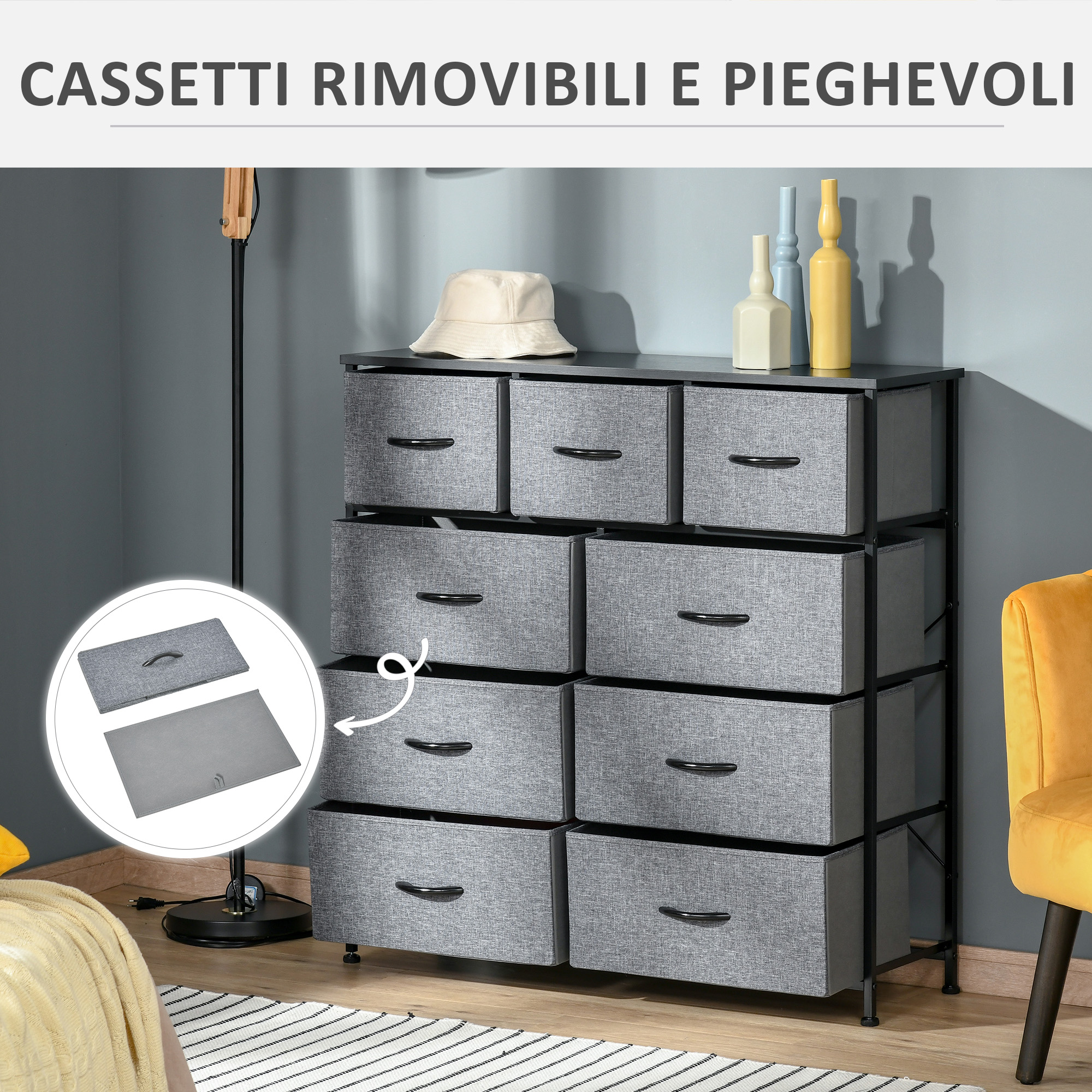 HOMCOM Cassettiera a 8 cassetti pieghevoli in tessuto 100 x 30 x 78,5 cm, grigio scuro