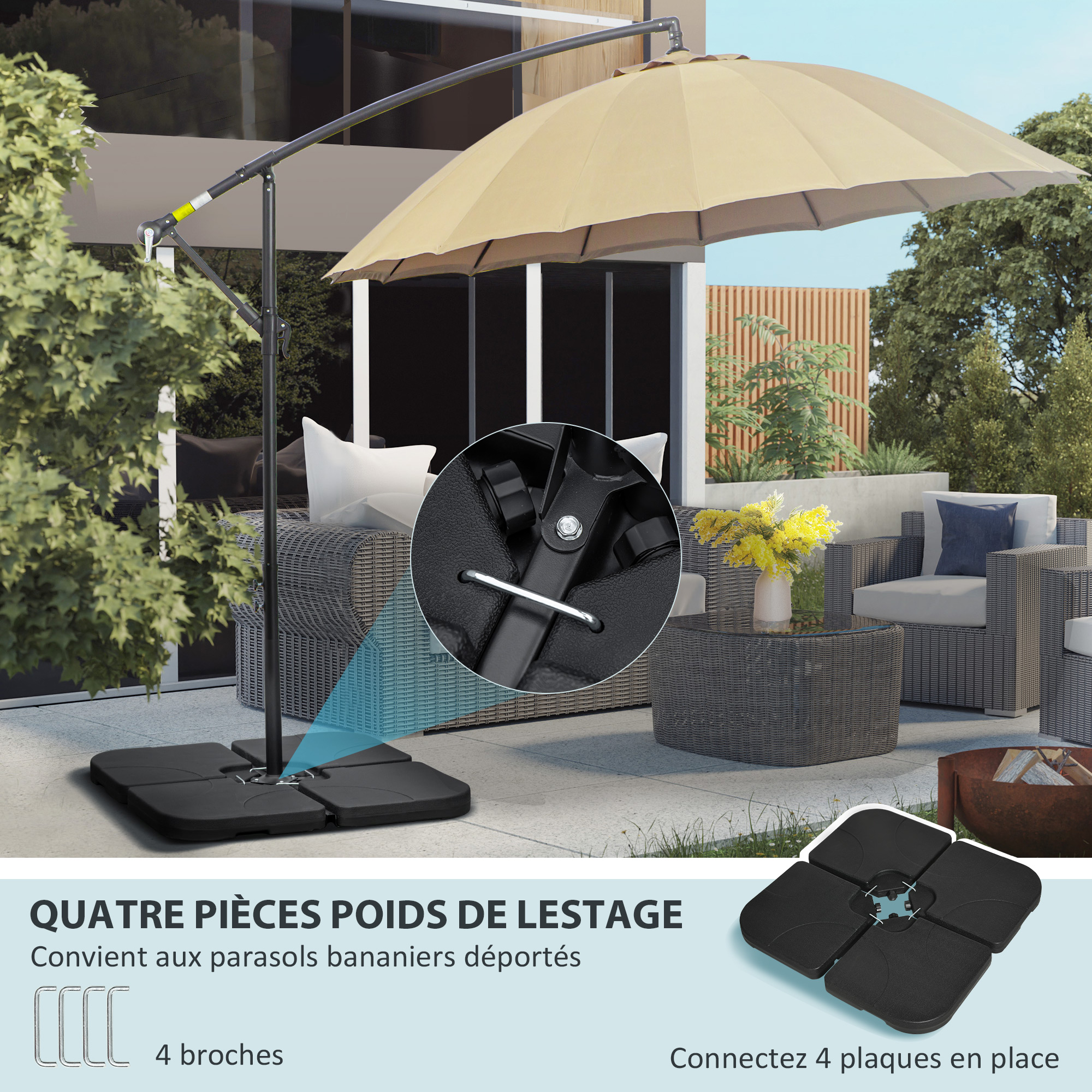 Lot de 4 dalles lestage parasol HDPE 60L eau - 100kg sable noires | FR