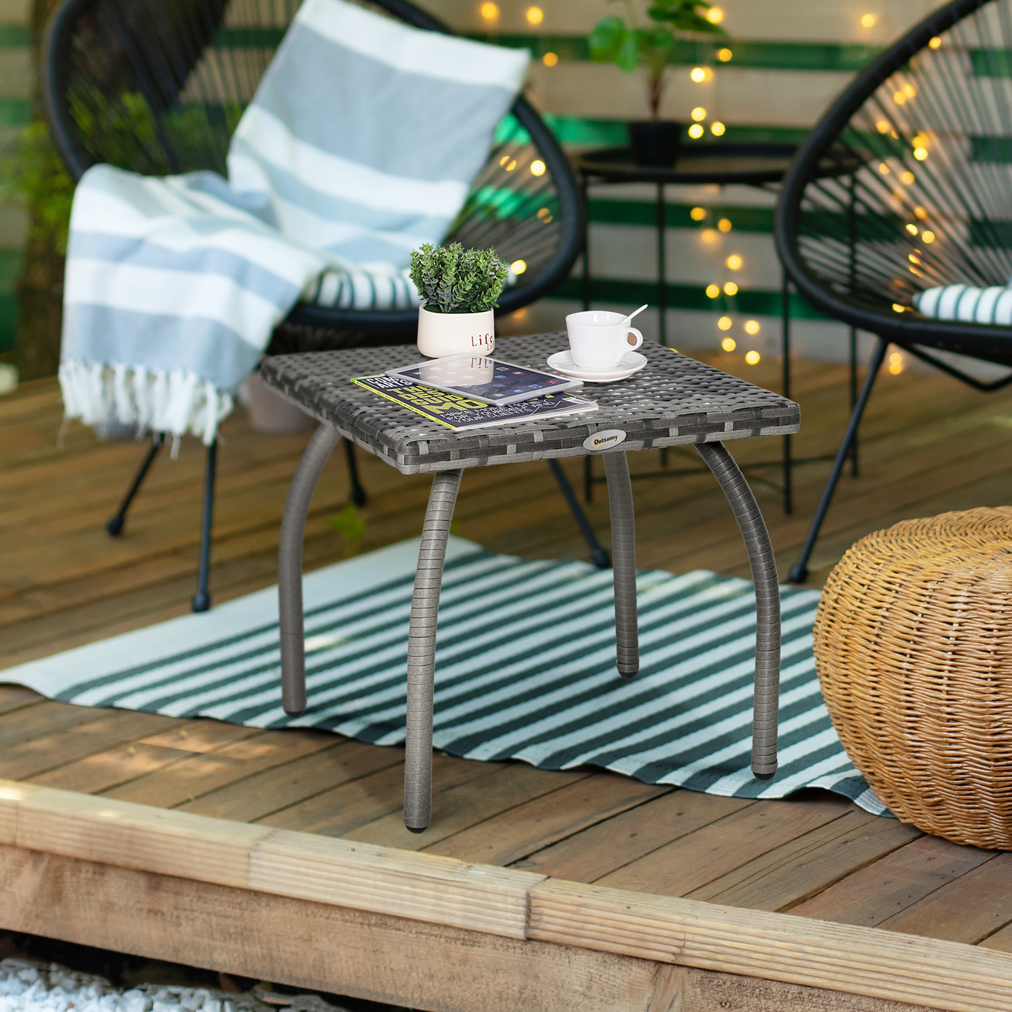 Elepude Tavolino da esterno in vimini rattan, tavolino terminale per patio con piano in vetro rattan per patio, cortile, balcone