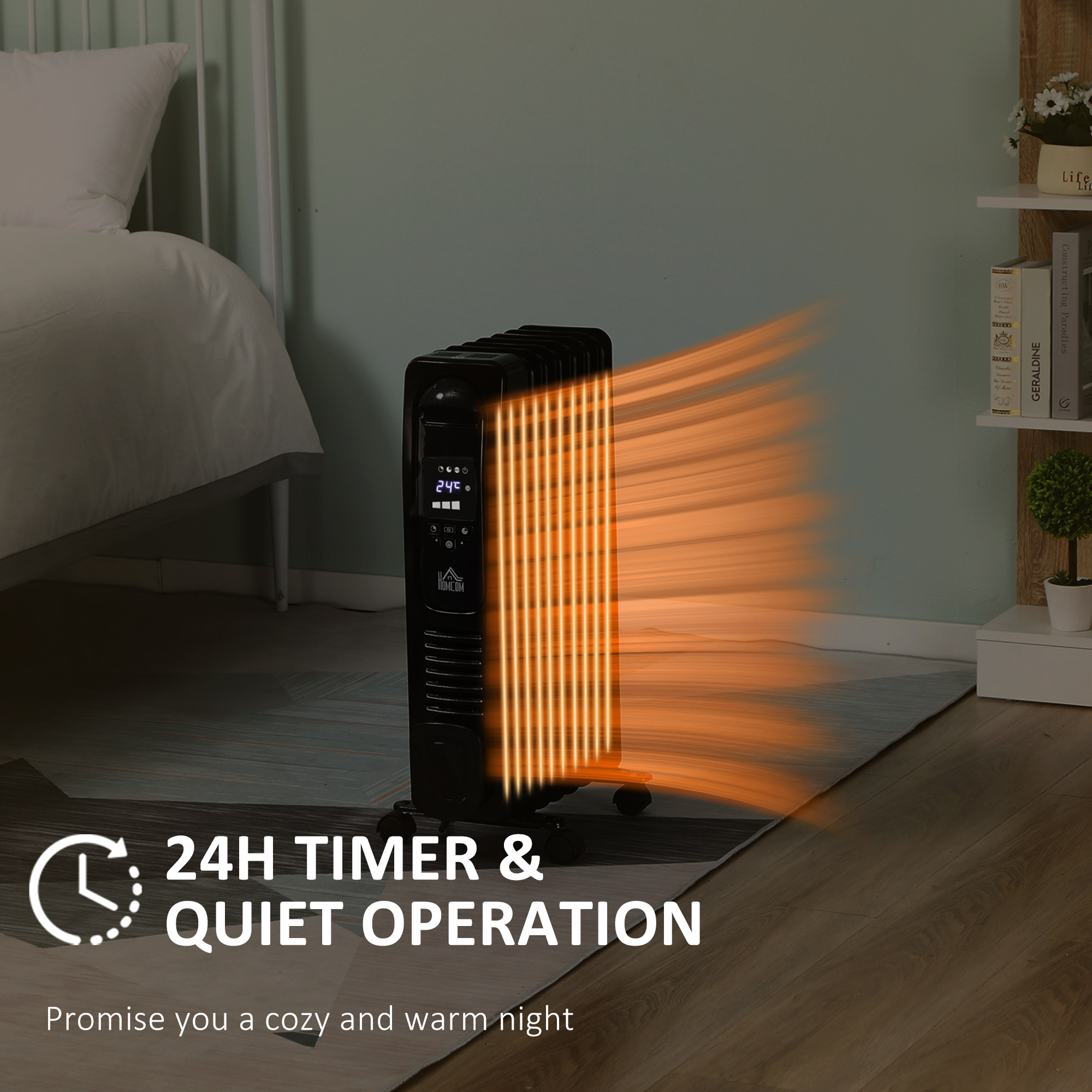 HOMCOM 1500W Digital Oil Filled Radiator, 7 Fin, Portable Electric Heater with LED Display, Built-in Timer, 3 Heat Settings, Safety Cut-Off and Remote Control, Black 6