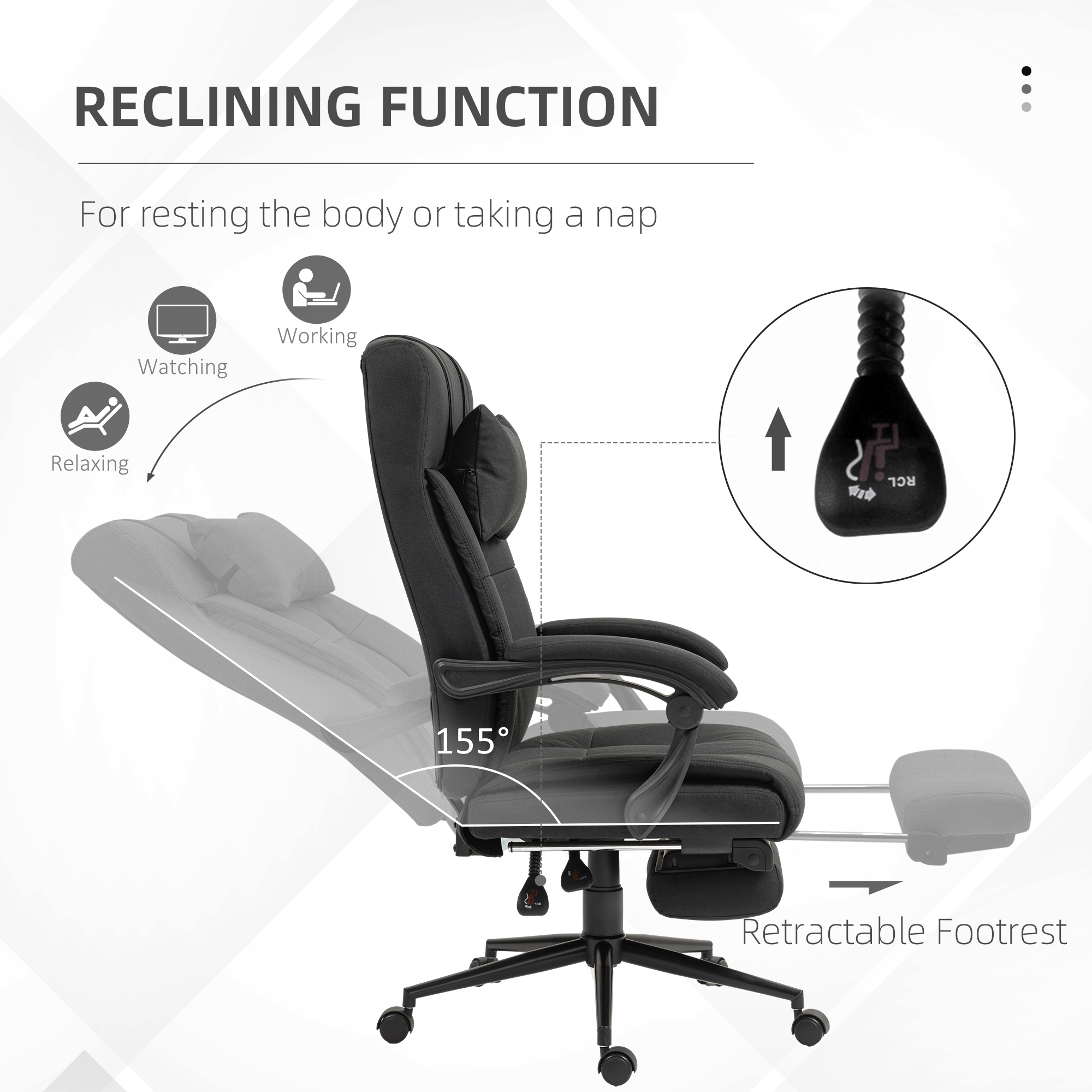 Vinsetto Office Desk Chair with Footrest, Headrest Pillow, Home Office Chair with Reclining Backrest, Swivel Wheels, Black 5