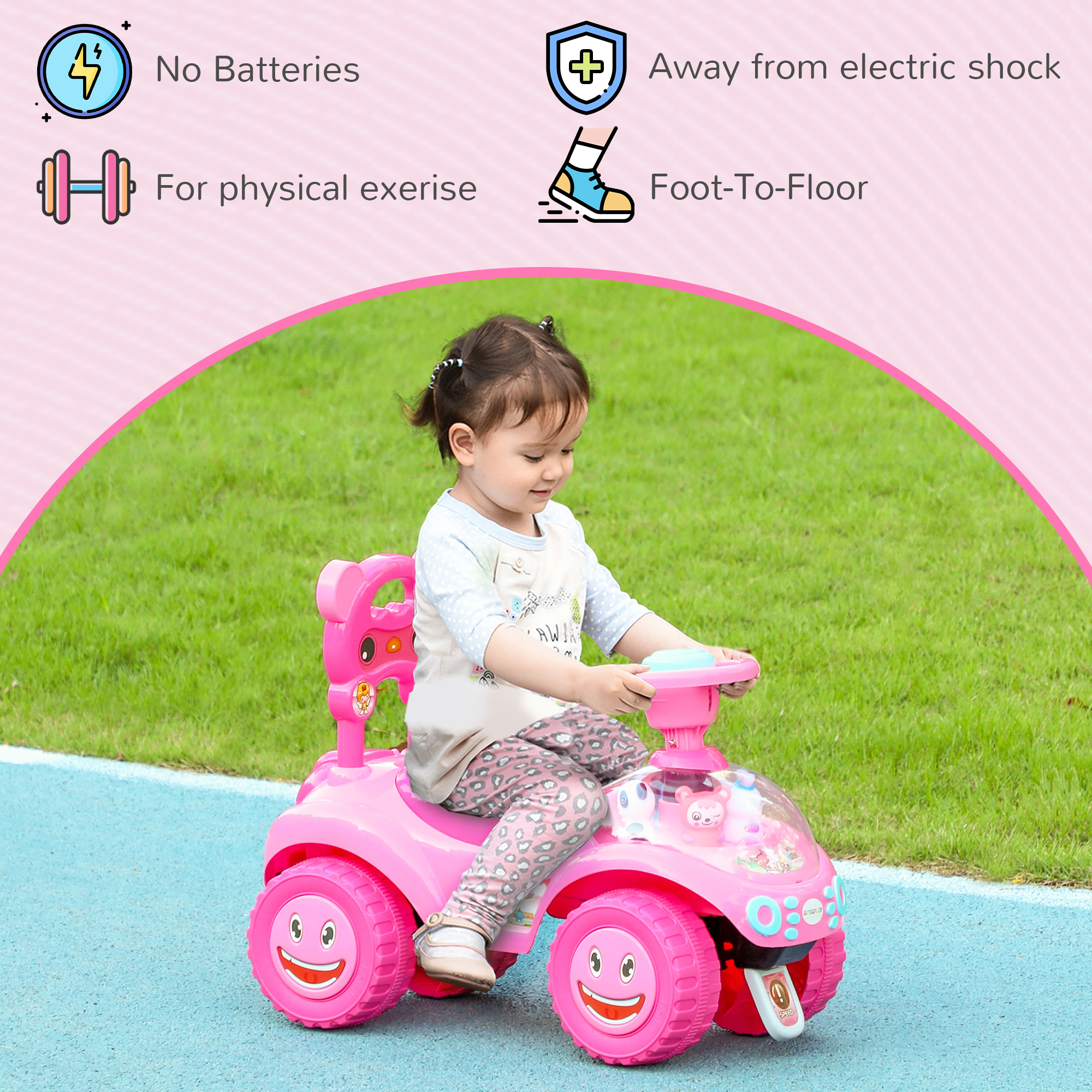 AIYAPLAY Foot to Floor oddler Ride on Toy w/ Music, Light, Horn, Under Seat Storage, Anti-Over-Backwards Device, Pink 7