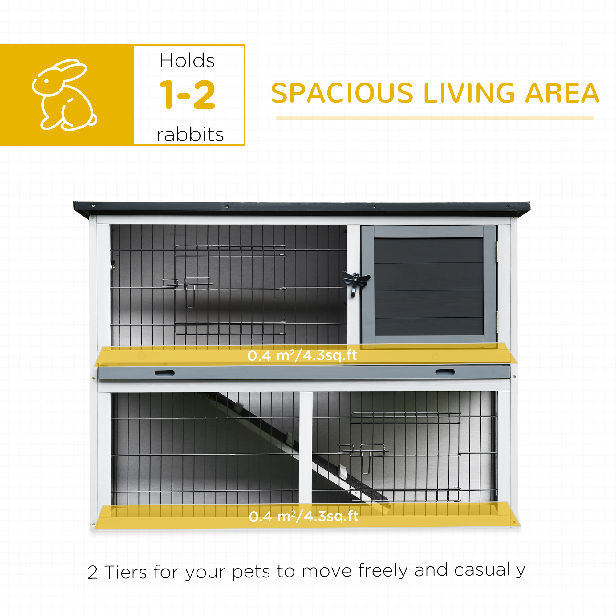 PawHut 2-Tier Wooden Rabbit Hutch Guinea Pig House Bunny Cage Backyard w/ Openable Roof Small Animal House for Outdoor Grey, 108 x 45 x 78 cm 4