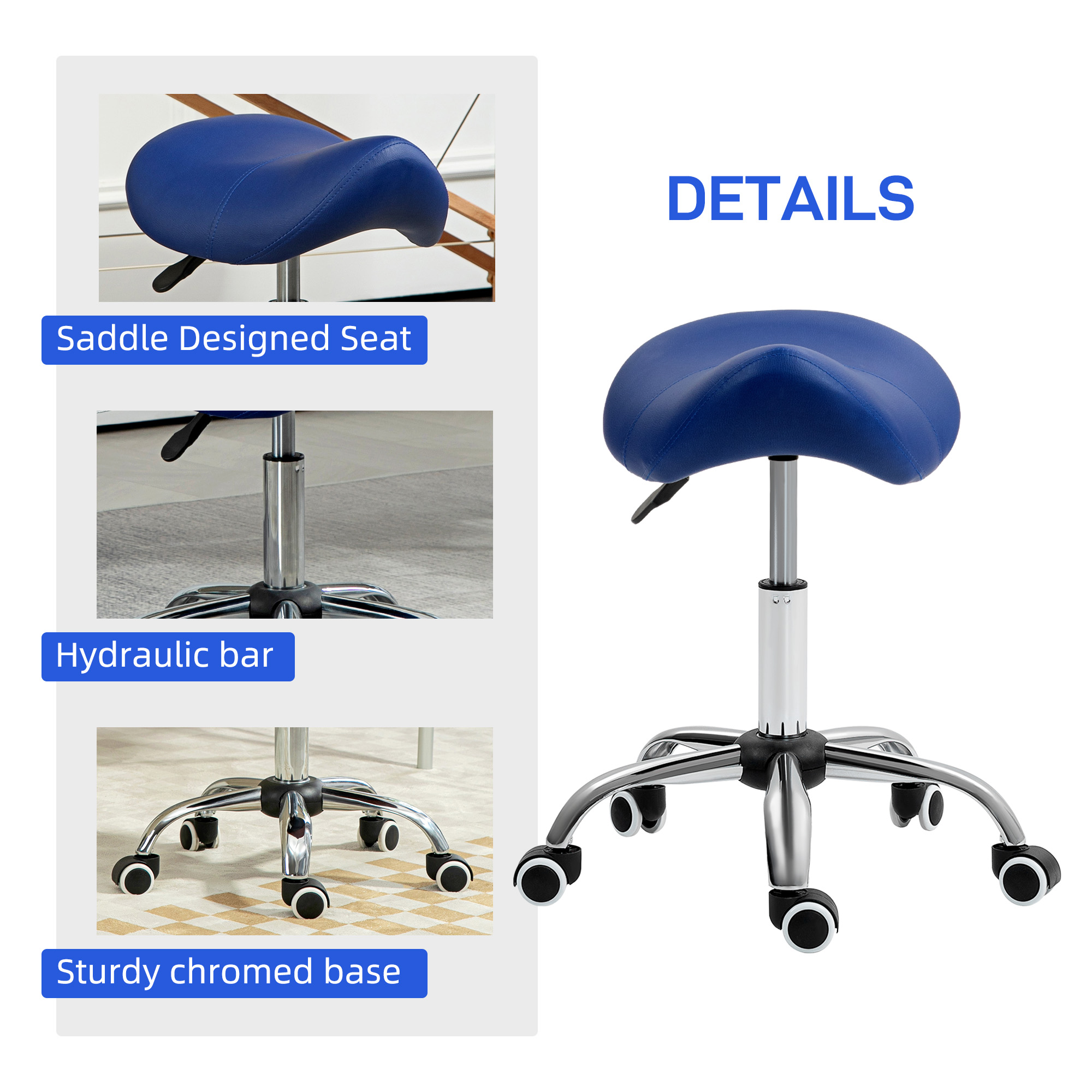 HOMCOM Saddle Stool, Height Adjustable Salon Chair for Massage Spa, Faux Leather, Dark Blue 6