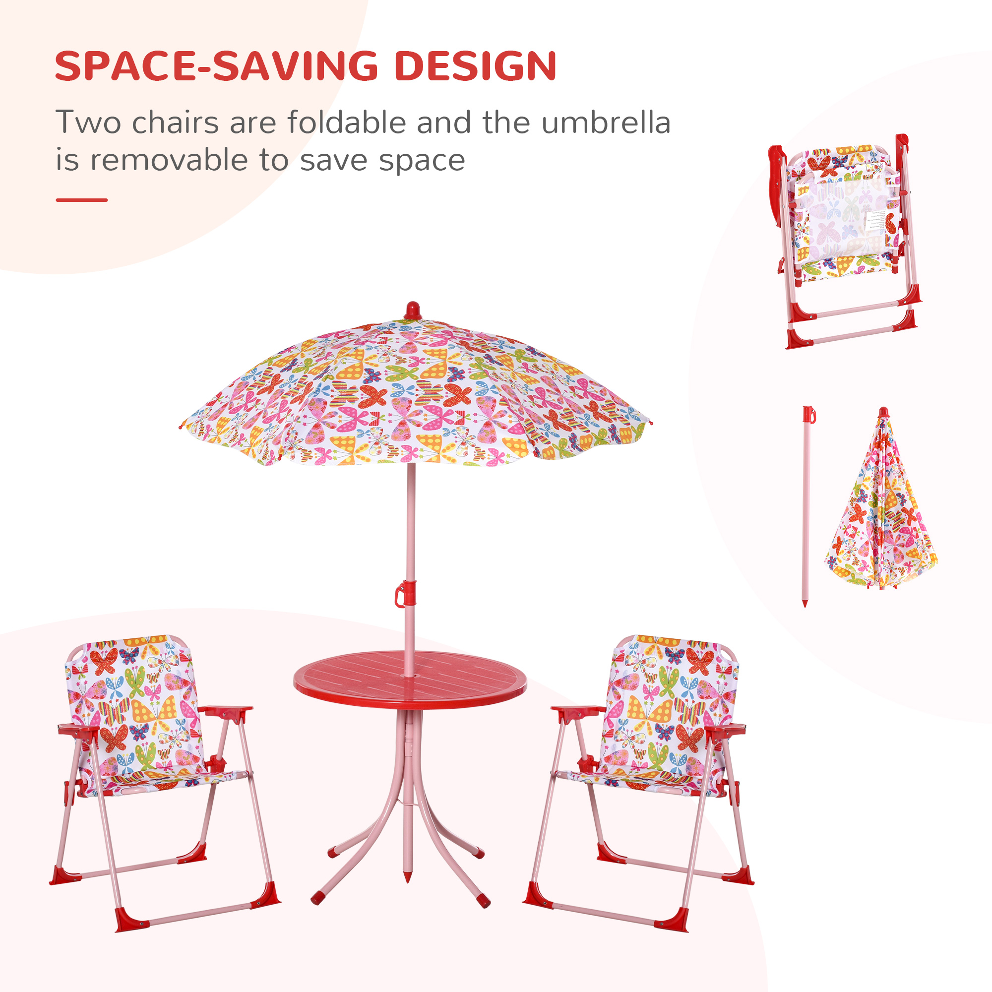 Outsunny Kids Outdoor Bistro Table and Chair Set Butterfly Pattern Garden Patio Backyard with Removable & Height Adjustable Parasol 5