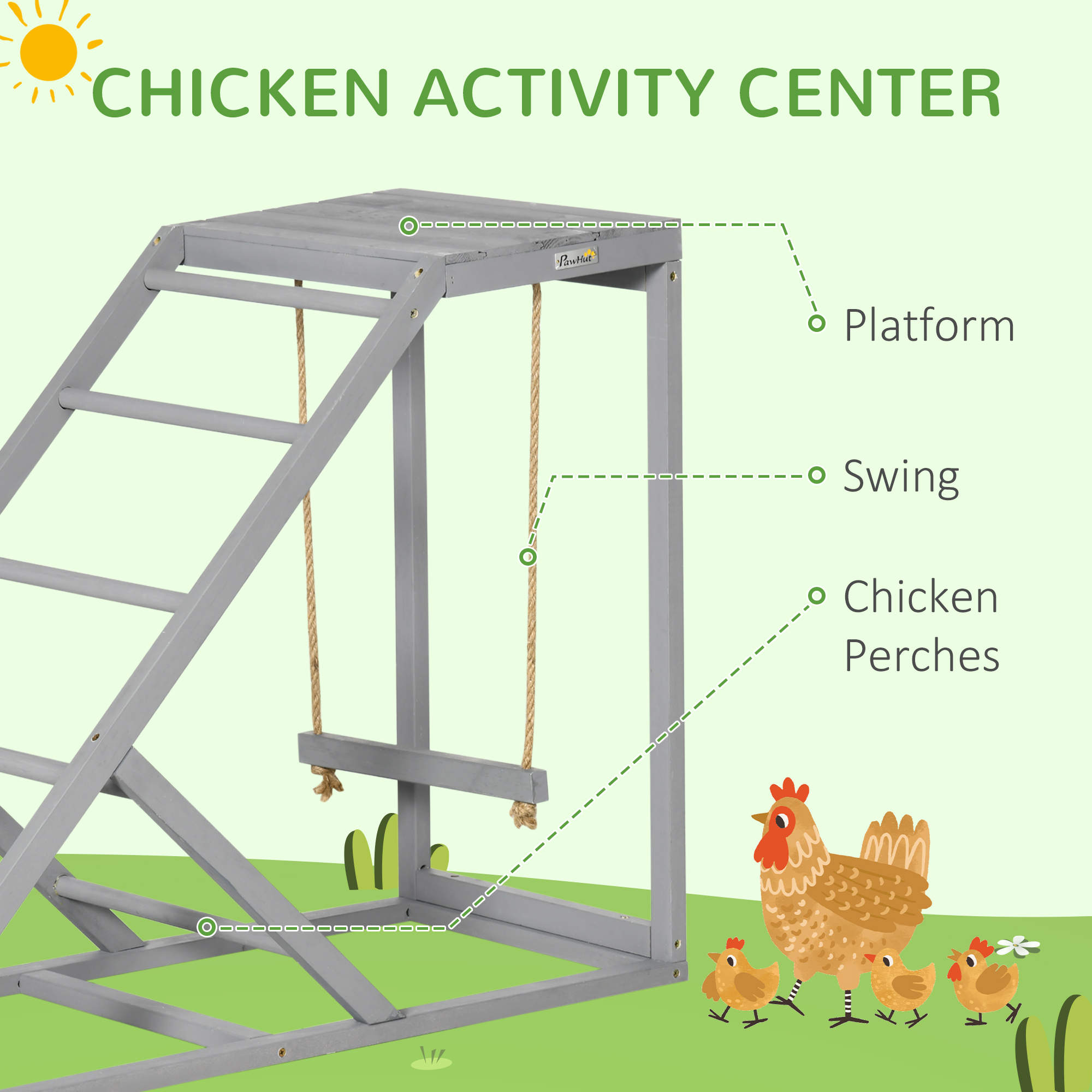 PawHut Wooden Chicken Coop Toy with Swing, Ladder, Platform, Grey 4