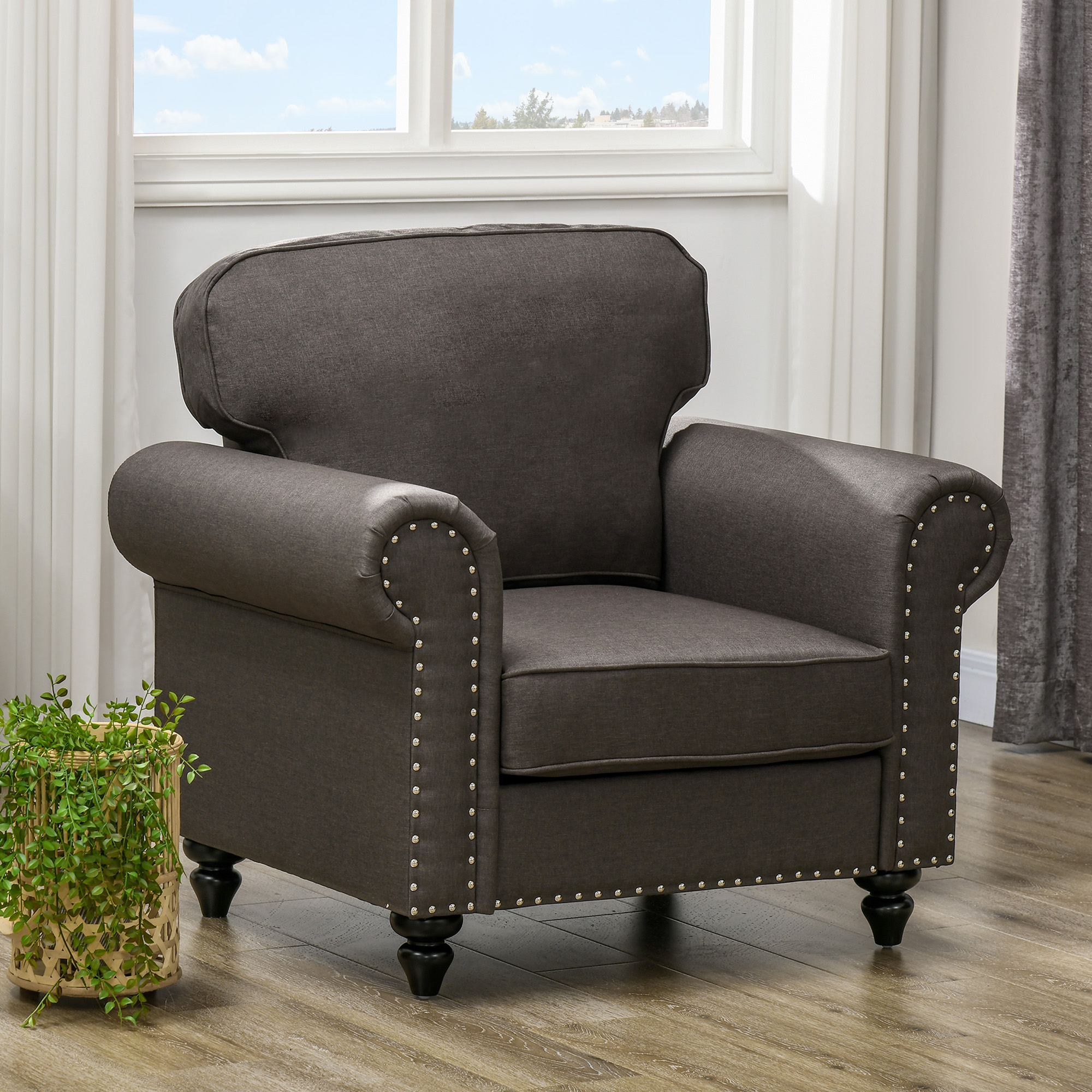 HOMCOM Mid-Century Armchair, with Pocket Springs Dark Brown 2