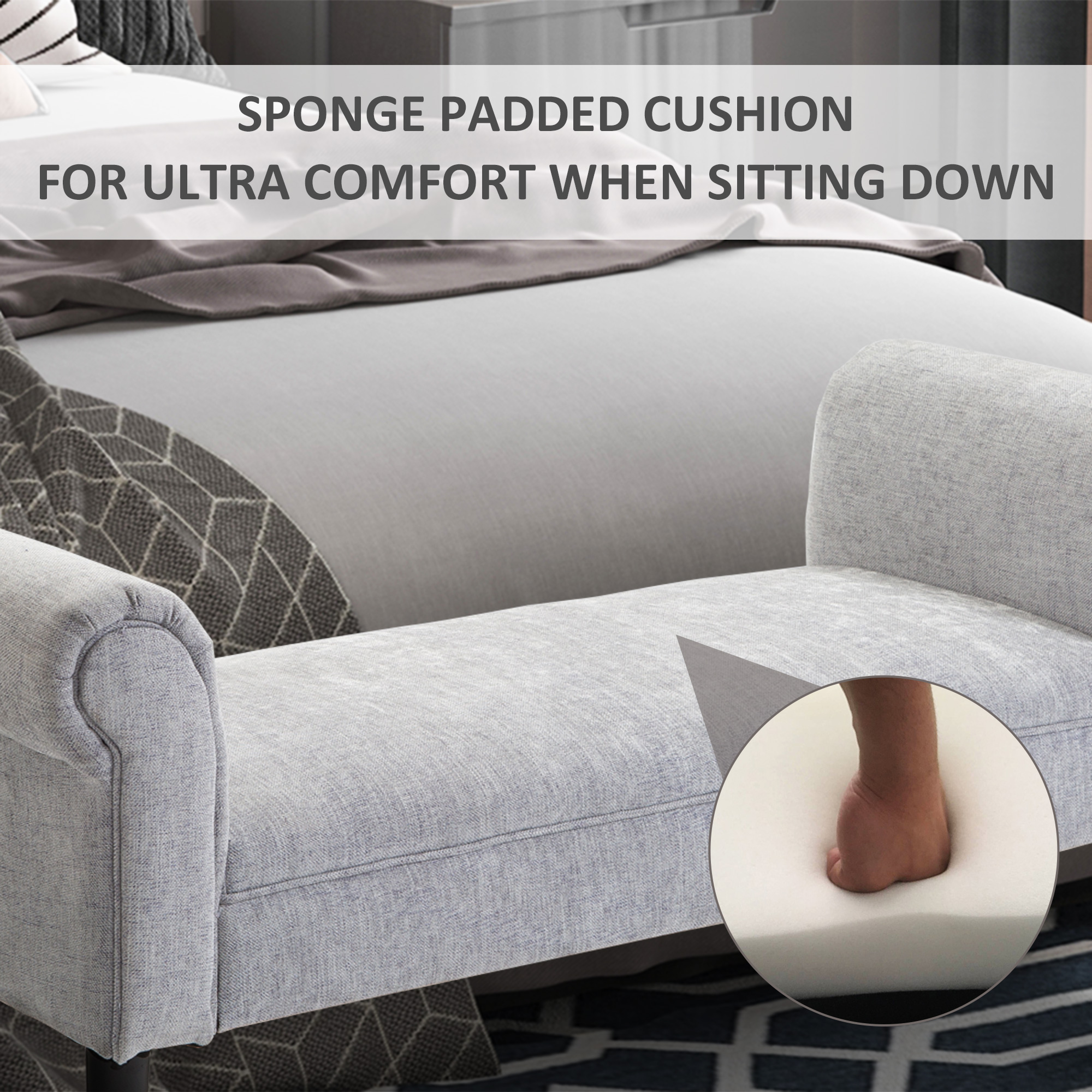 HOMCOM Bed End Bench, Window Seat, Linen Chaise Lounge Sofa with Arm and Wooden Legs for Bedroom, Living Room, Grey 5