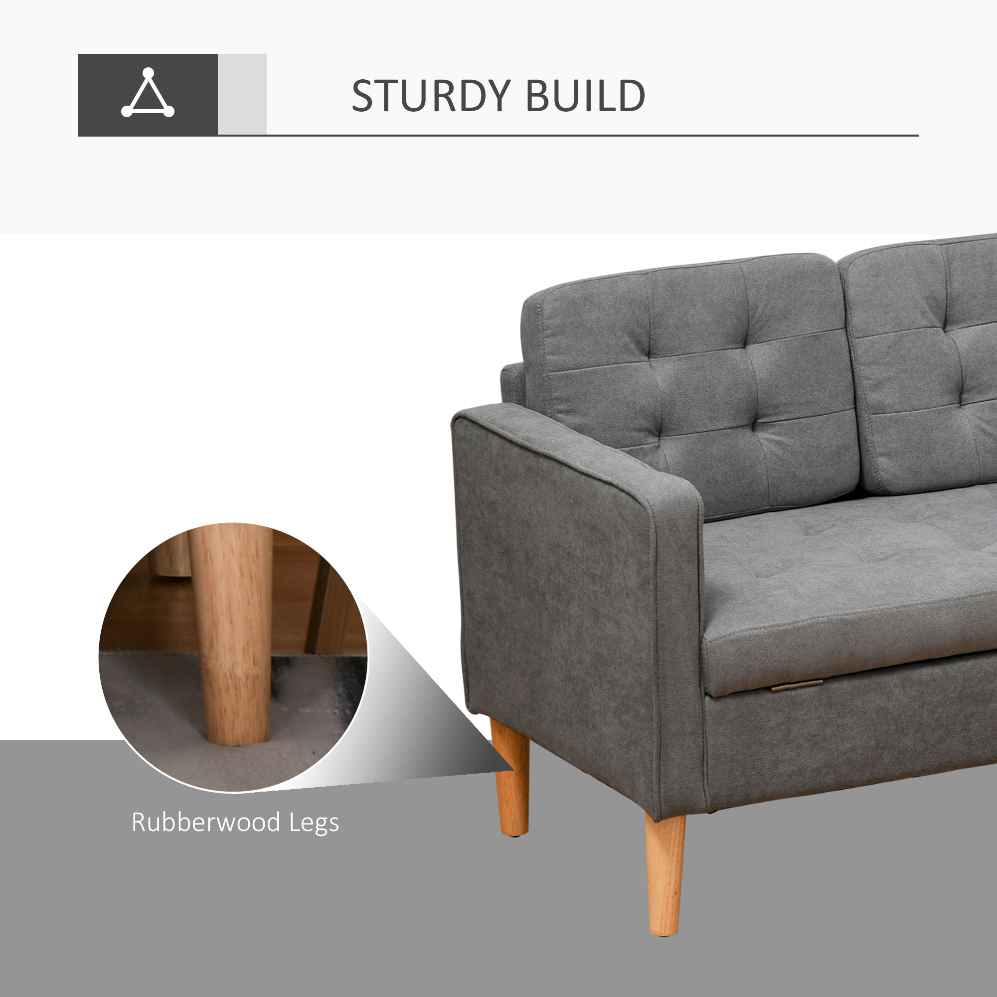 HOMCOM Modern 3 Seater Sofa with Hidden Storage, 169cm Tufted Cotton Couch with Wood Legs, Compact Sofa for Living Room, Grey 5