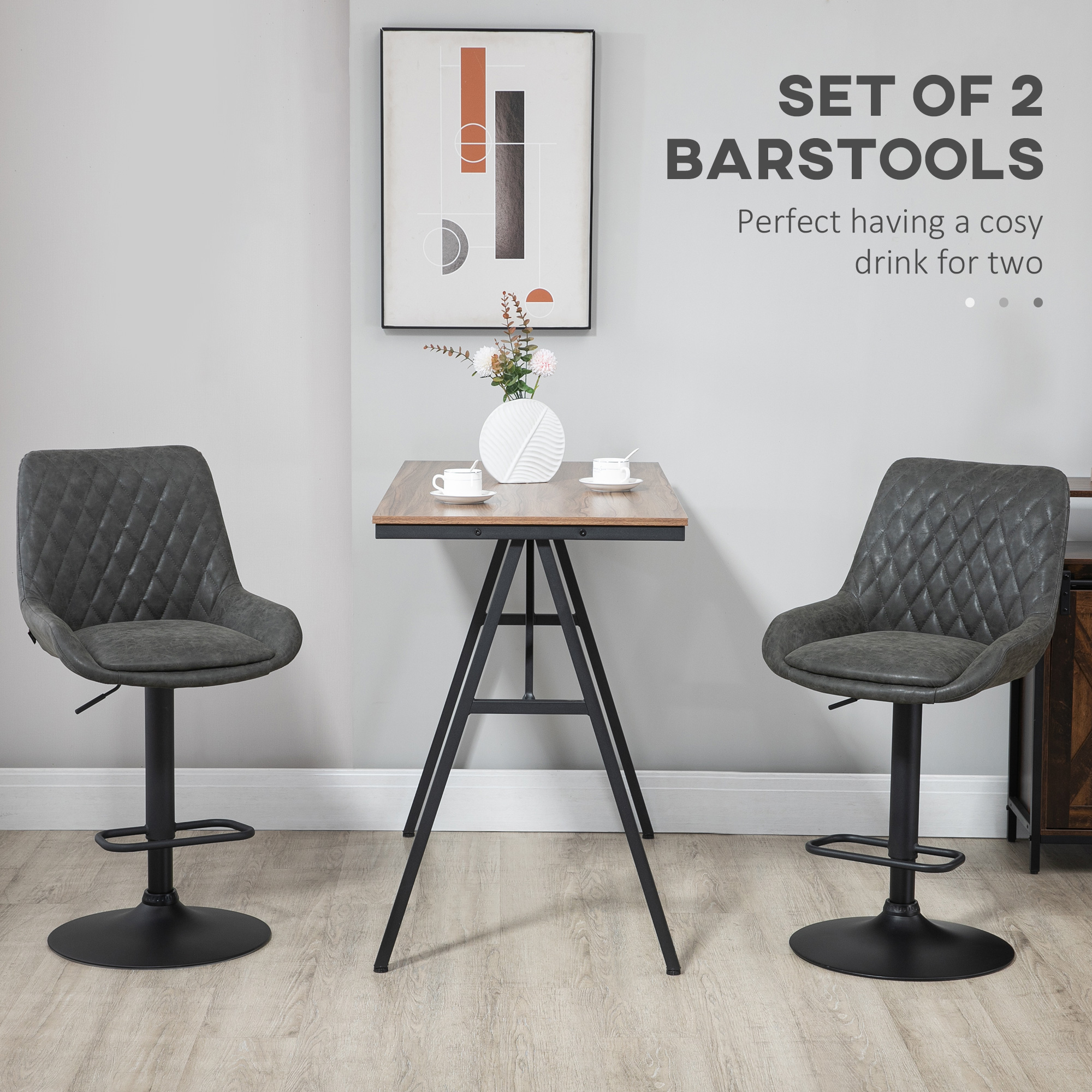 HOMCOM Retro Bar Stools Set of 2, Adjustable Kitchen Stool, Upholstered Bar Chairs with Back, Swivel Seat, Dark Grey 4