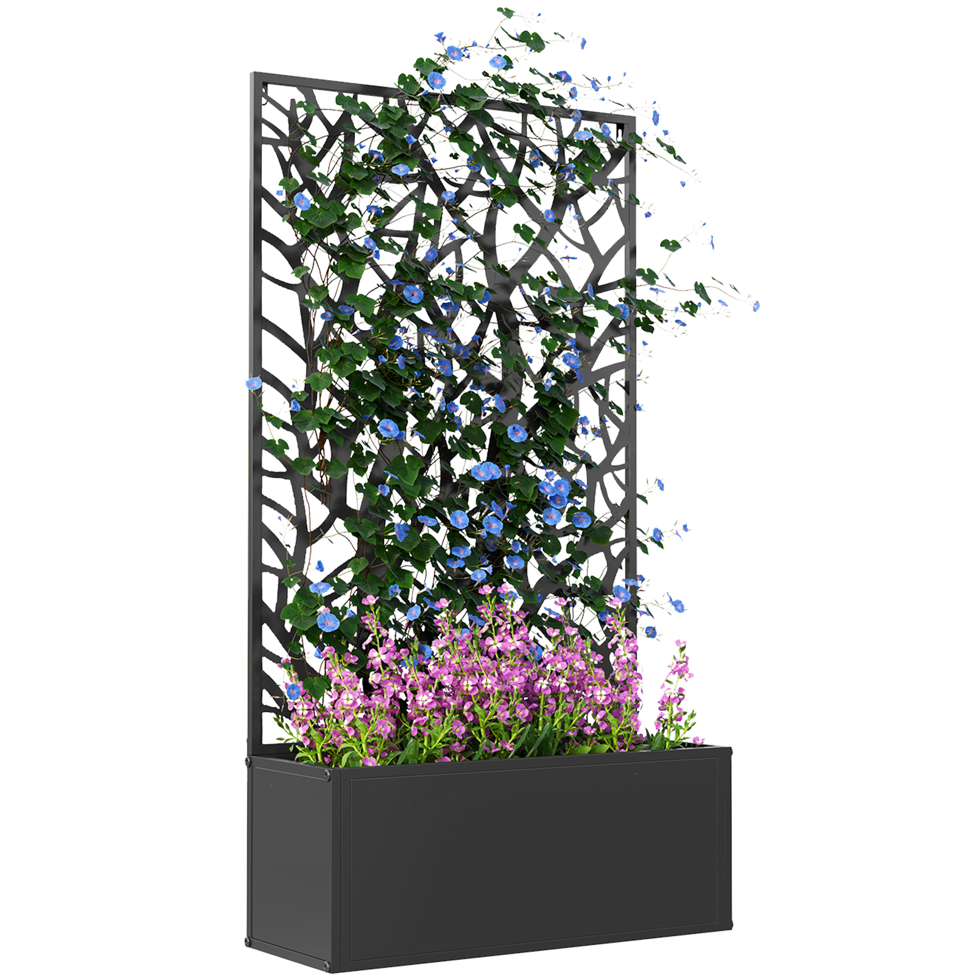 Outsunny Jardinera Elevada con Panel de Privacidad de Ramas Decorativas de Metal y Opción de Montaje en Pared 61x23x113 cm Negro